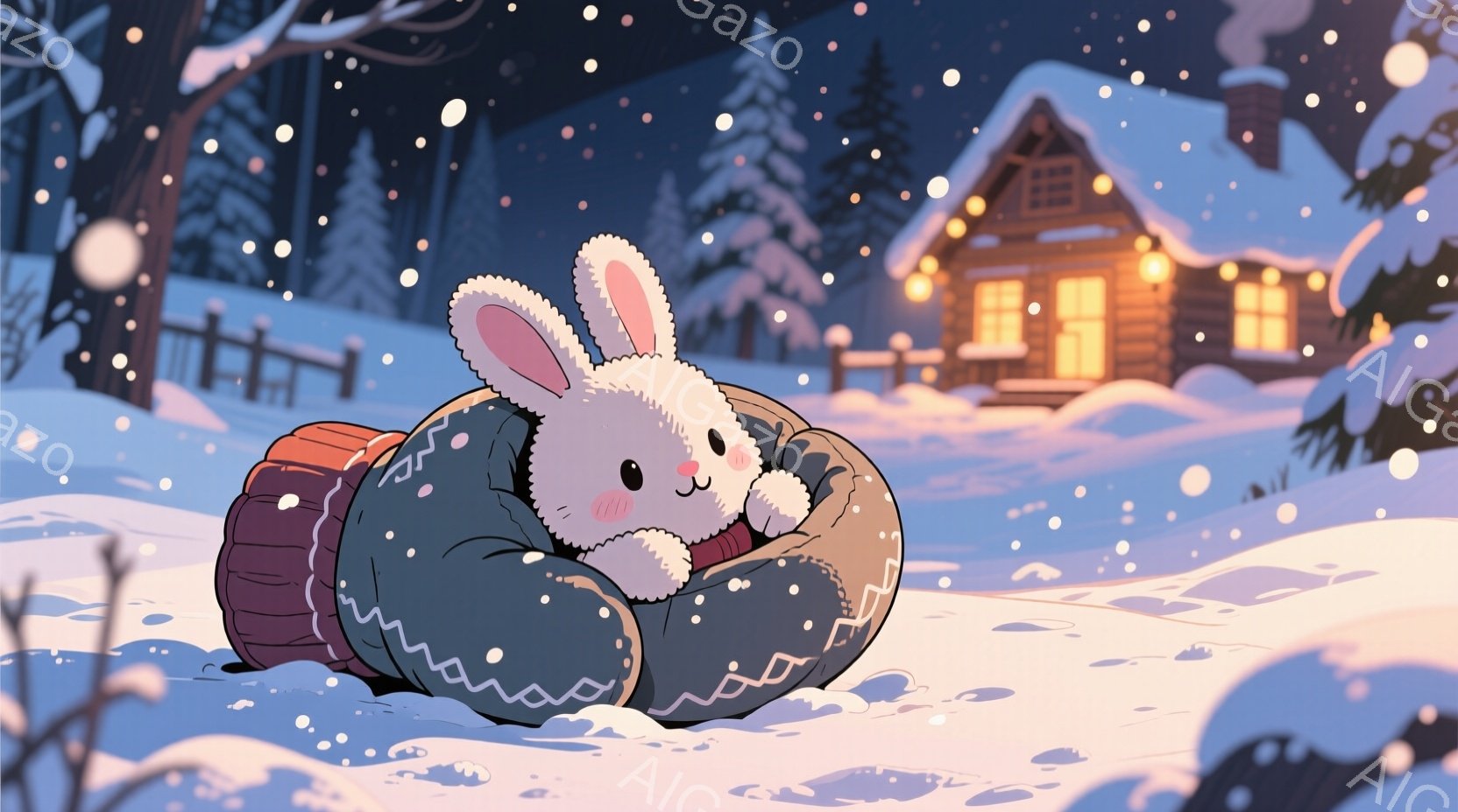 白いウサギが、赤いストライプのセーターと濃い青色のカーディガンを着て、丸まって雪の中にいます。背景には雪に覆われた木々と、温かい光を放つ可愛らしいキャビンが見え、雪が静かに降っています。全体的に、温か - AI生成フリー素材