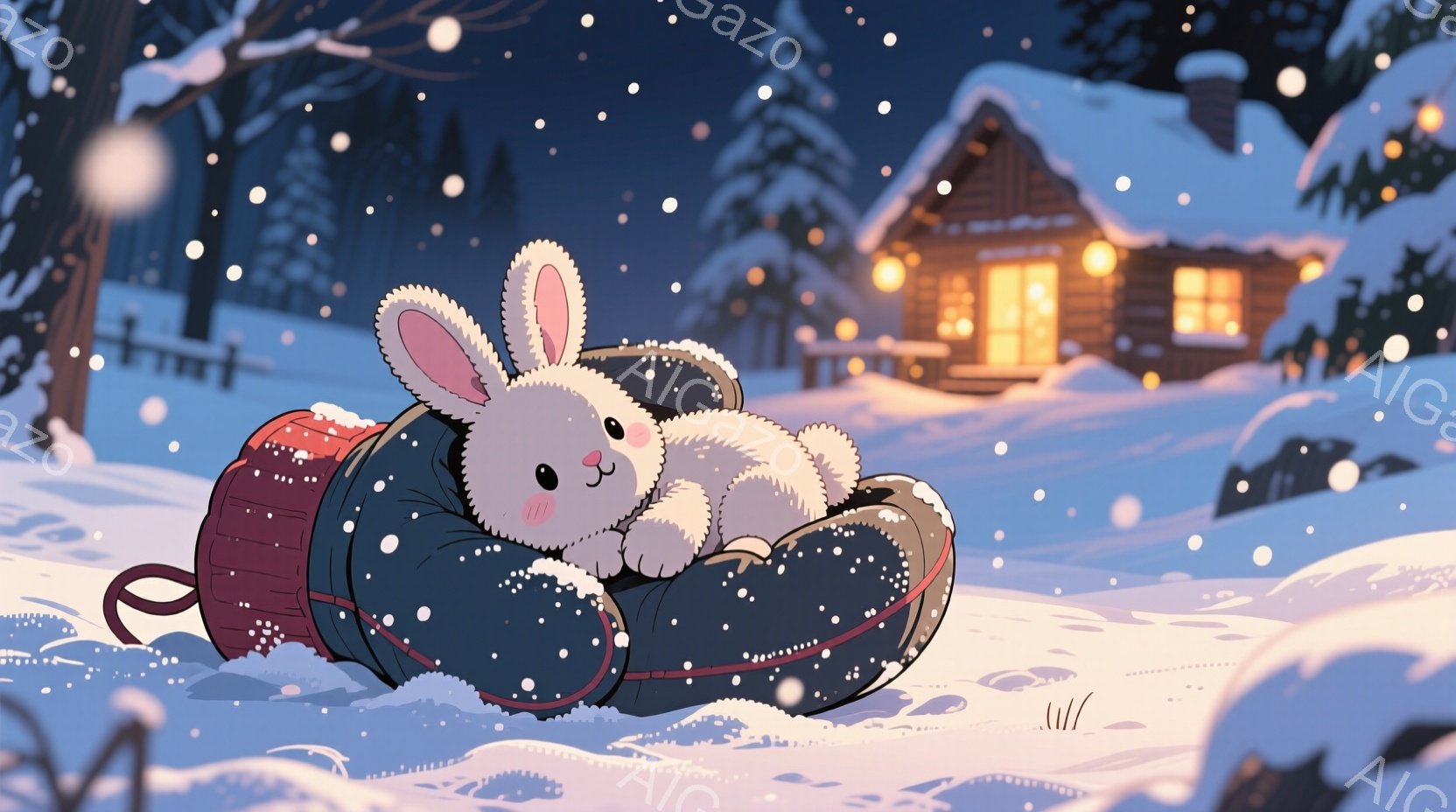 雪景色の中で、白いウサギがチューブに乗って滑っている様子が描かれています。ウサギは嬉しそうな表情で、丸い体はチューブに包まれています。背景には、暖かく光るログハウスと雪に覆われた木々があり、穏やかで幻想的な冬の雰囲気を醸し出しています。