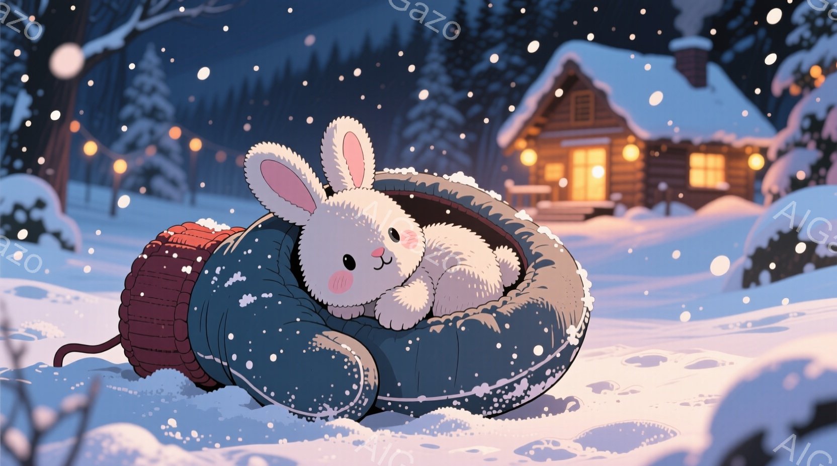 白いウサギが青いチューブの中に丸まって眠っています。雪が降り積もる森の中、暖かい光を放つログハウスが遠くに見え、冬の静かで穏やかな雰囲気が漂っています。チューブには赤い縁取りがあり、雪景色の中でアクセ - AI生成フリー素材