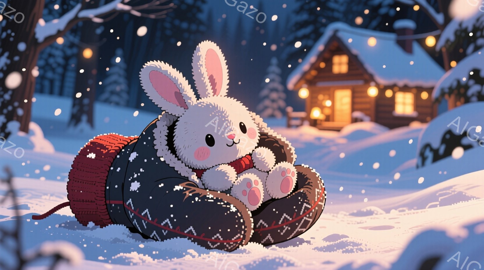 白いウサギが、黒と赤の編み模様が入ったドーナツ型の浮き輪に乗って雪の中を滑っています。ウサギは赤いリボンと白いマフラーを身につけ、満面の笑みを浮かべており、可愛らしい表情をしています。背景には、暖かい光を灯したキャビンや雪に覆われた木々が見え、雪が舞う幻想的な冬の風景が広がっています。