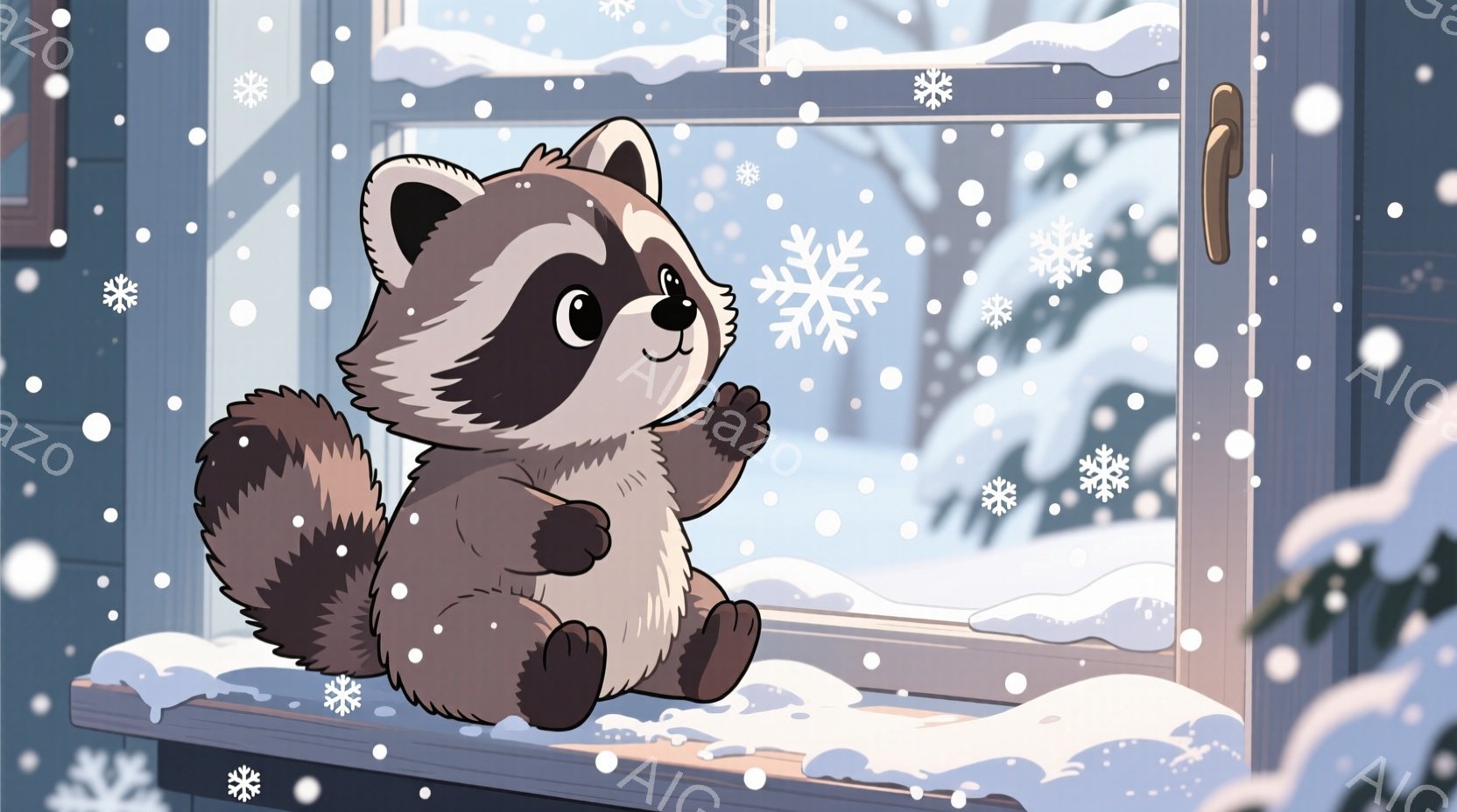 雪が降る冬の日に、窓枠に座ったアライグマが描かれています。丸い体とふさふさの尻尾を持ち、雪景色を見つめています。背景には雪で覆われた木々と建物が見え、温かく穏やかな雰囲気が漂っています。