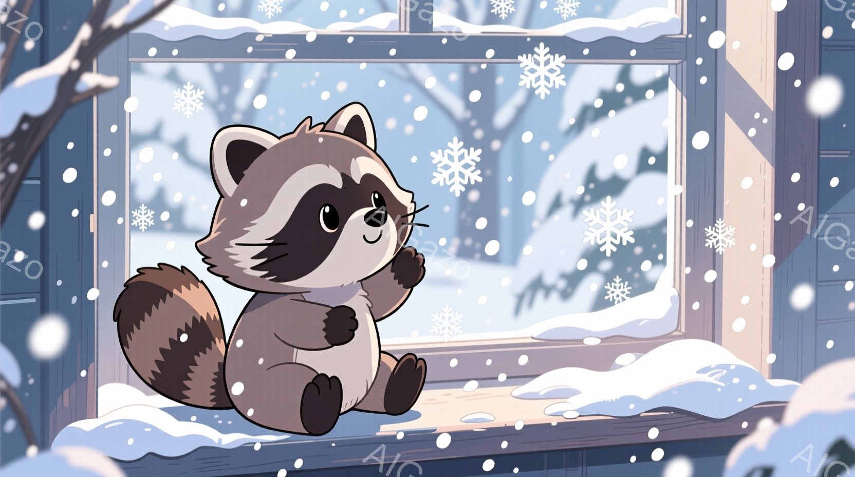 雪が降る窓辺に、可愛らしいアライグマが座っています。ふっくらとした体と、つぶらな瞳が特徴的で、好奇心旺盛な表情で外を眺めています。背景には雪景色が広がり、暖かな室内とのコントラストが冬の穏やかな雰囲気を醸し出しています。