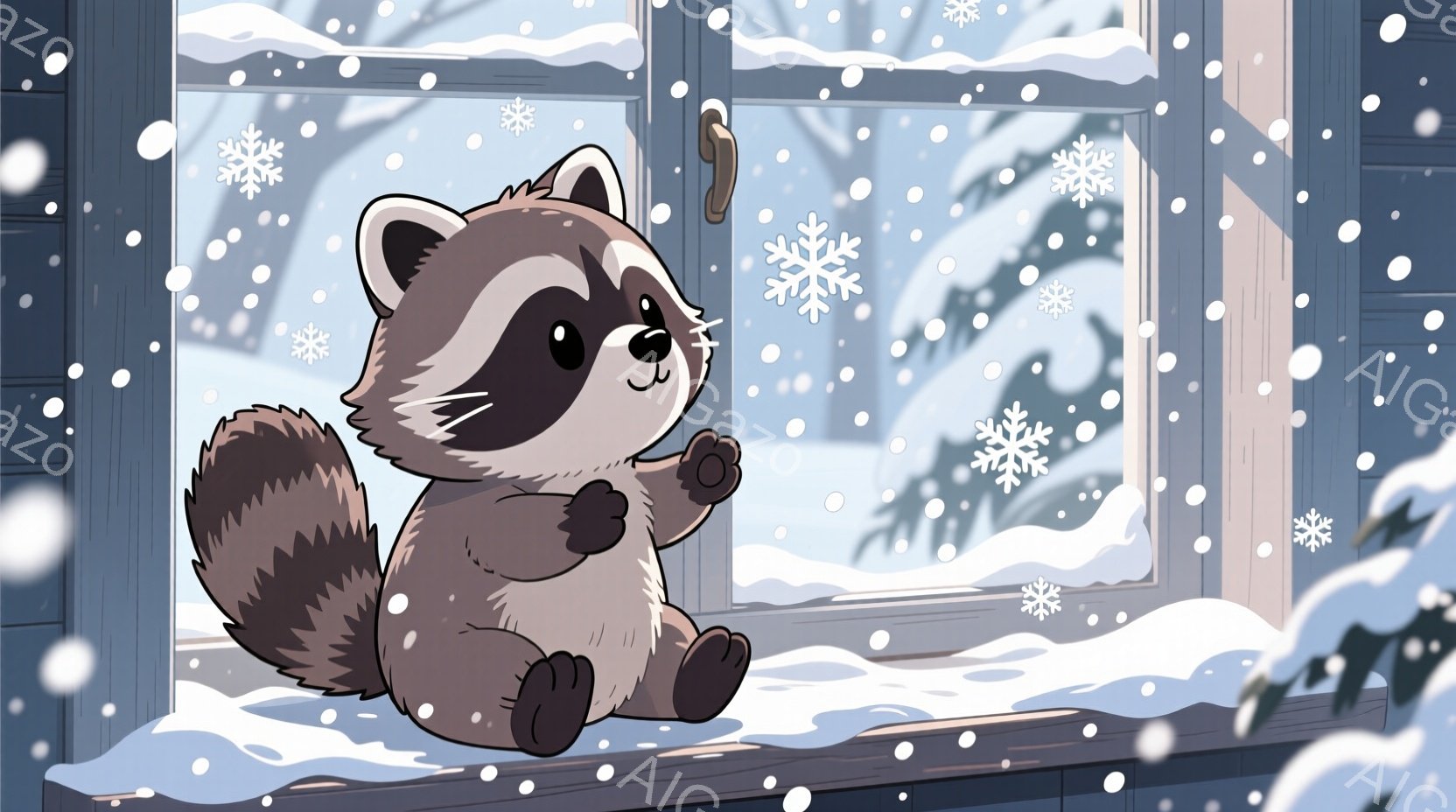 アライグマが雪が降る窓辺に座って、外を眺めています。ふわふわの毛並みと丸いフォルムが可愛らしく、穏やかな表情で雪景色を楽しんでいる様子が伺えます。背景には雪が降り積もる風景が広がり、冬の静かで温かい雰囲気が漂っています。