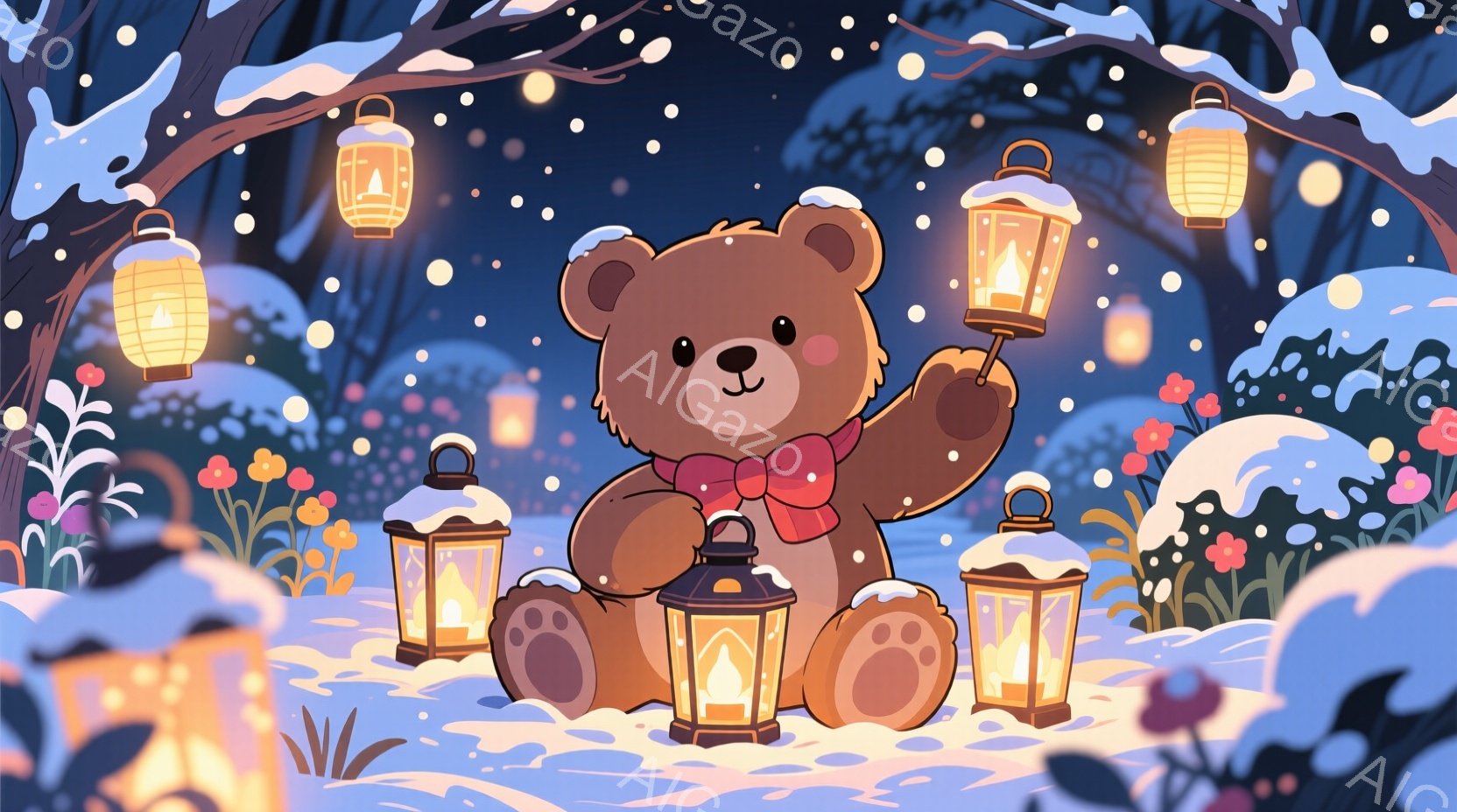 茶色のクマが雪景色の中でランタンをいくつか持っています。クマは赤いリボンをつけており、お座りポーズで可愛らしい表情をしています。背景には雪に覆われた木々や植物があり、空からは雪が舞い降りており、暖かく幻想的な雰囲気です。