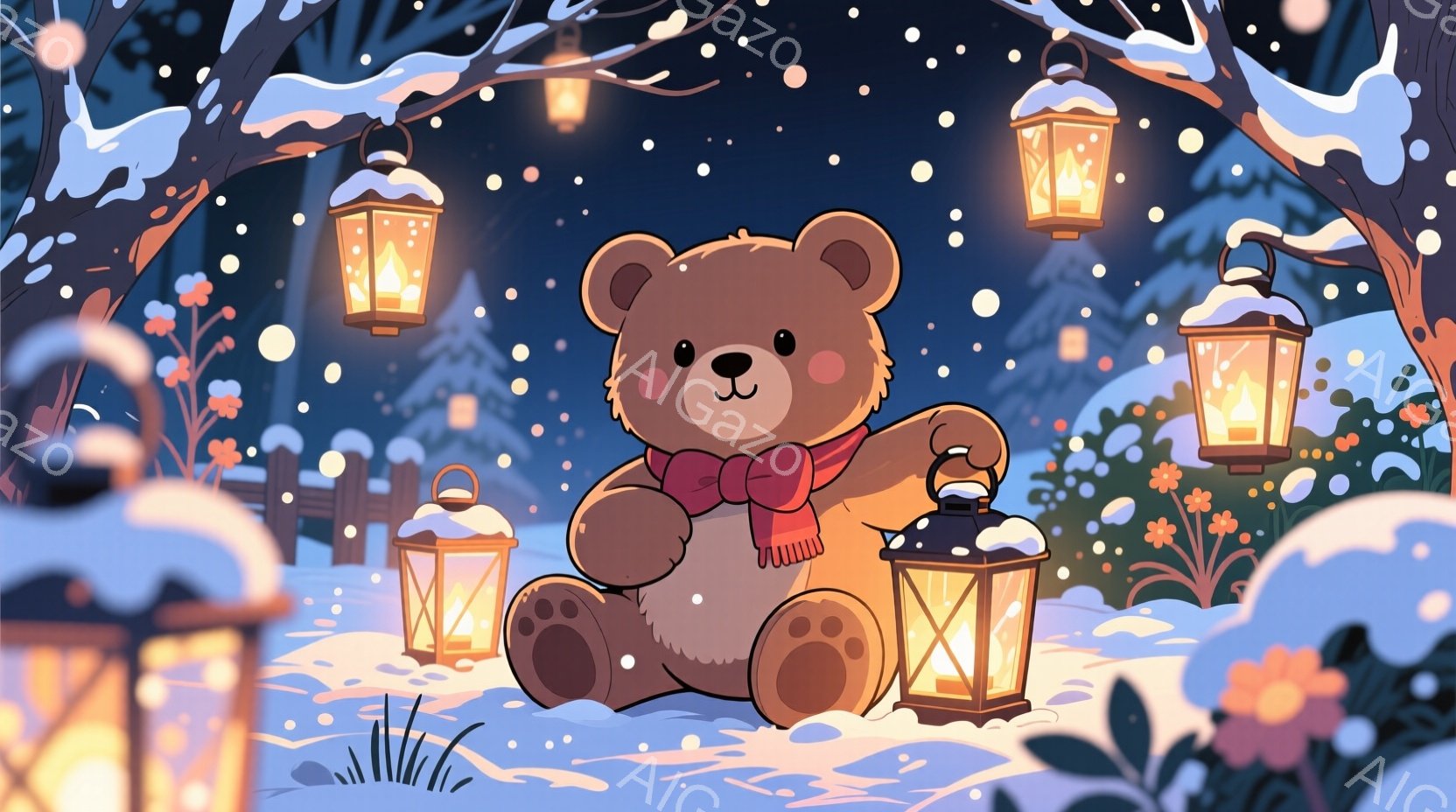 雪の中を子供たちが白い熊をソリで引いているイラストです。子供たちは皆赤い帽子と色とりどりのジャケットを着ており、楽しそうに走っています。背景には雪で覆われた建物や木々が見え、冬の暖かい雰囲気が漂っています。