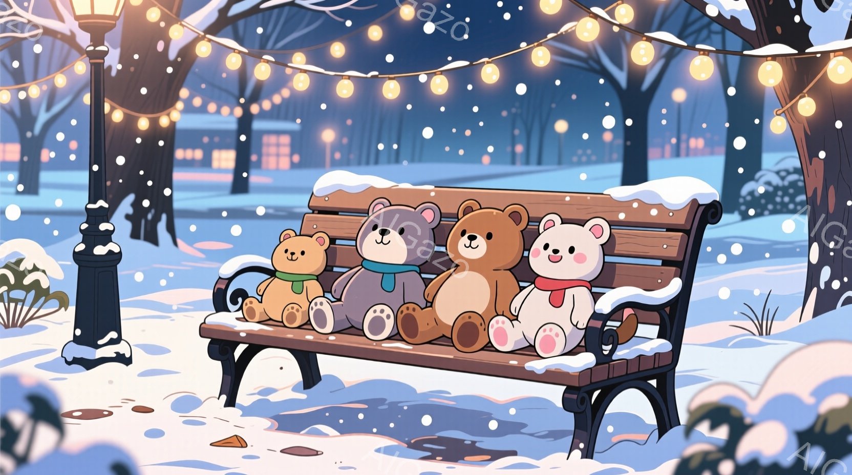 雪が舞う公園のベンチに、四匹のテディベアが並んで座っています。それぞれ緑、青、茶色、白のセーターとマフラーを身に着け、穏やかな表情をしています。背景には、ライトで飾られた木々と、ぼんやりとした建物が見 - AI生成フリー素材