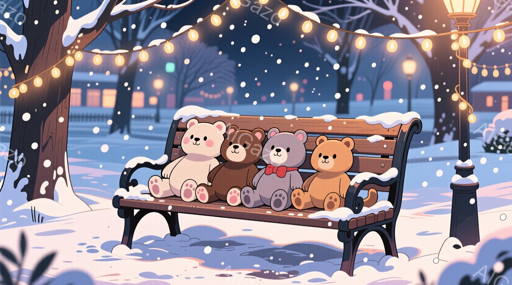 雪が舞う夜、公園のベンチに可愛らしいクマのぬいぐるみが並んで座っています。クマたちはそれぞれ異なる色とリボンで飾られており、穏やかで優しい表情をしています。背景には、雪に覆われた木々やぼんやりと光る建 - AI生成フリー素材