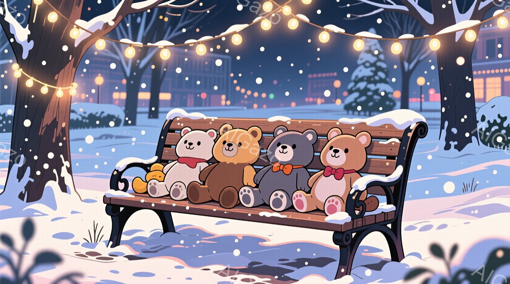 雪が舞う夜、公園のベンチに可愛らしいテディベアたちが並んで座っています。それぞれ異なる色の毛並みと、リボンやマフラーなどのアクセサリーを身につけており、表情は穏やかで微笑んでいます。背景には、ぼんやり - AI生成フリー素材