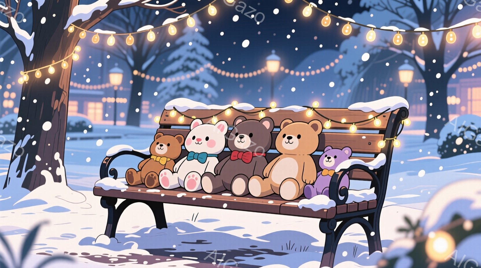 雪が降り積もる公園のベンチに、様々な色のテディベアたちが並んで座っています。それぞれが蝶ネクタイやリボンなどのアクセサリーを身につけ、穏やかな表情を浮かべています。背景には、クリスマスツリーのように飾 - AI生成フリー素材