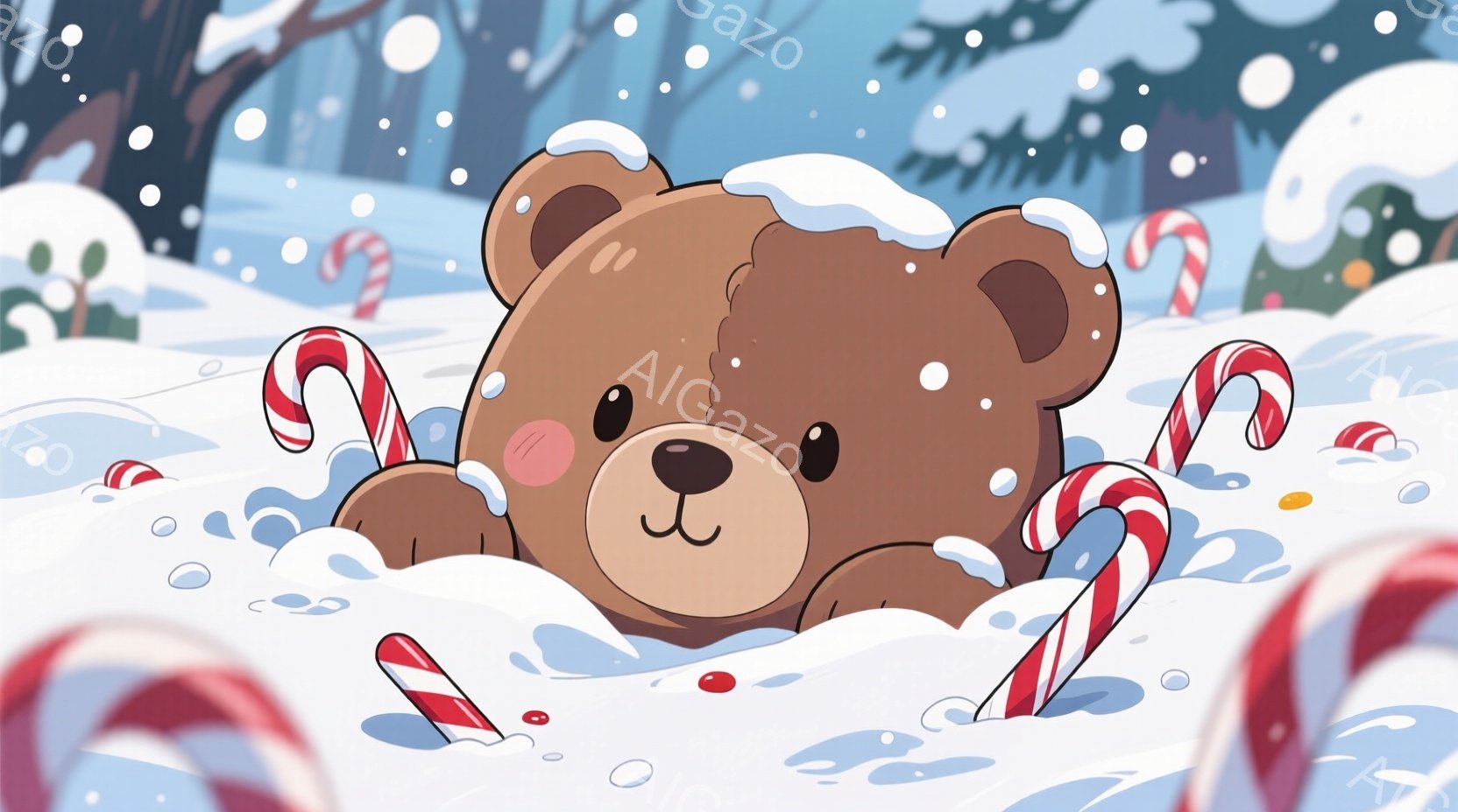 茶色のテディベアが雪の中に埋もれている様子が描かれています。ベアは可愛らしい表情で、周りには赤と白のキャンディケーンが散りばめられています。背景は雪景色で、遠くには木々が見え、クリスマスの暖かく楽しい - AI生成フリー素材