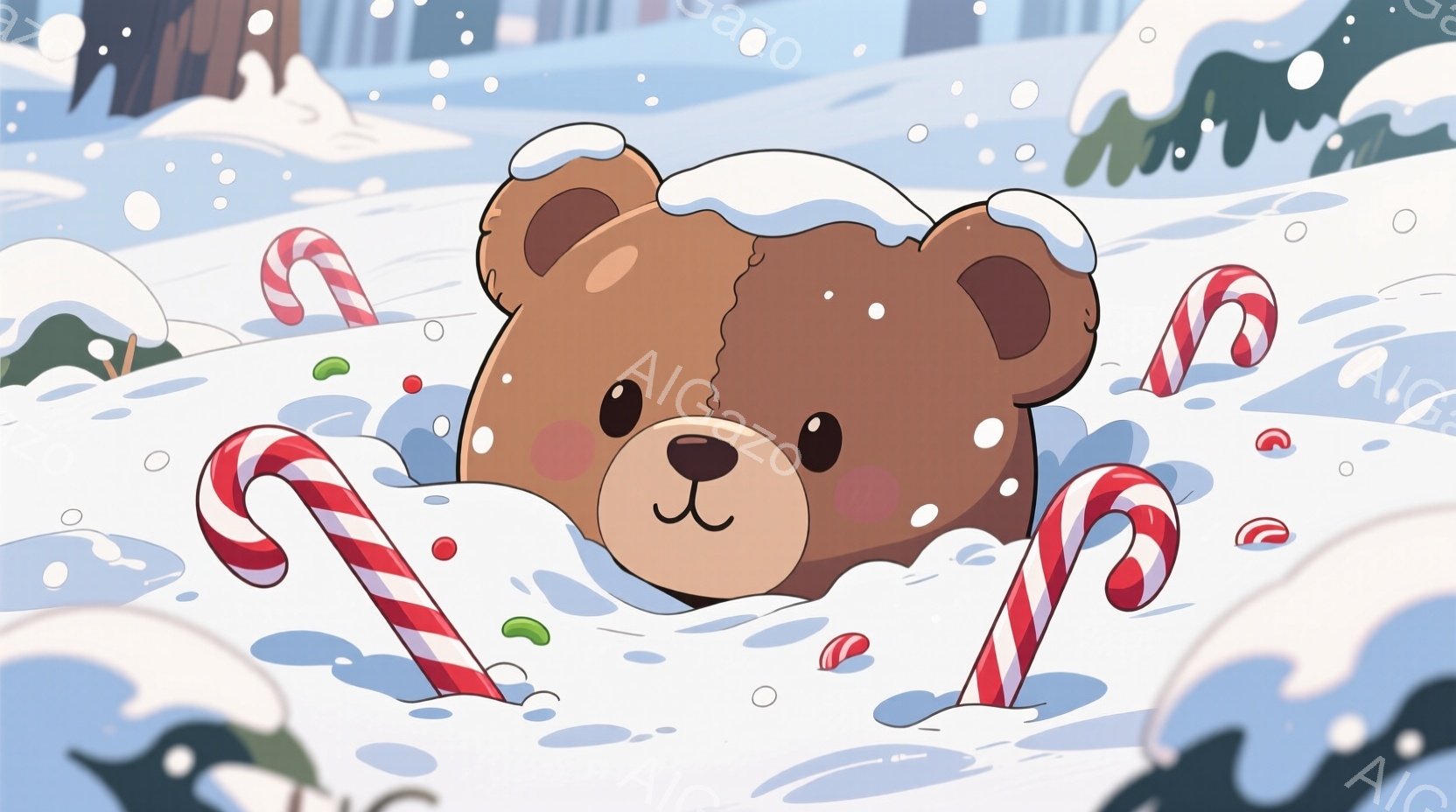 茶色のテディベアが雪の中に埋もれており、可愛らしい頬を赤らめています。周囲にはキャンディケーンや小さな赤いお菓子が散らばり、雪が舞い散る冬の風景が広がっています。全体的に暖かく、遊び心のある、お祭り気 - AI生成フリー素材