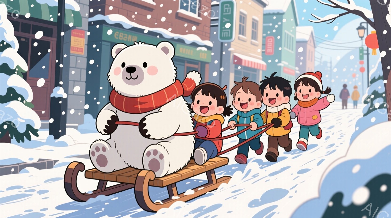 雪が降る街並みを、大きな白い熊がソリに乗って進んでいます。3人の子供たちは、赤いスカーフとカラフルな冬の服を着て、楽しそうにソリを引っ張っています。背景には、雪に覆われた建物や店が並び、暖かい光が灯り、全体的に心温まるクリスマスの雰囲気を醸し出しています。