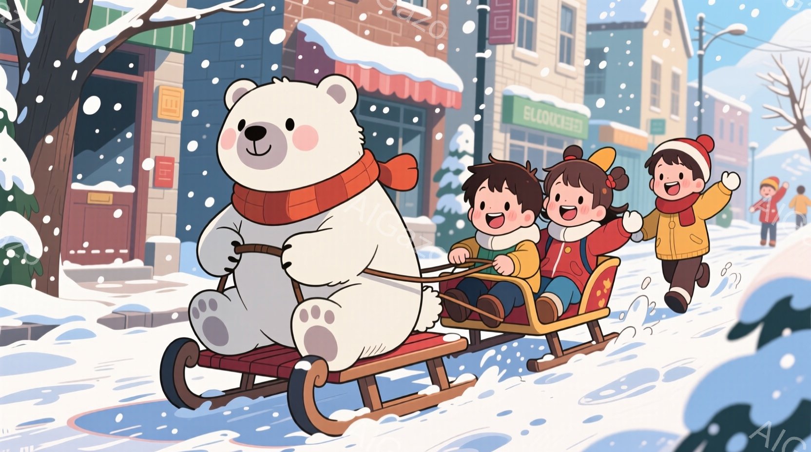 白い熊がそりを引き、３人の子供たちが乗っています。子供たちは赤い帽子とコートを着ており、笑顔でそりのる楽しんでいます。背景には雪景色とカラフルな建物があり、雪が降り積もる冬の暖かく楽しい雰囲気が漂っています。