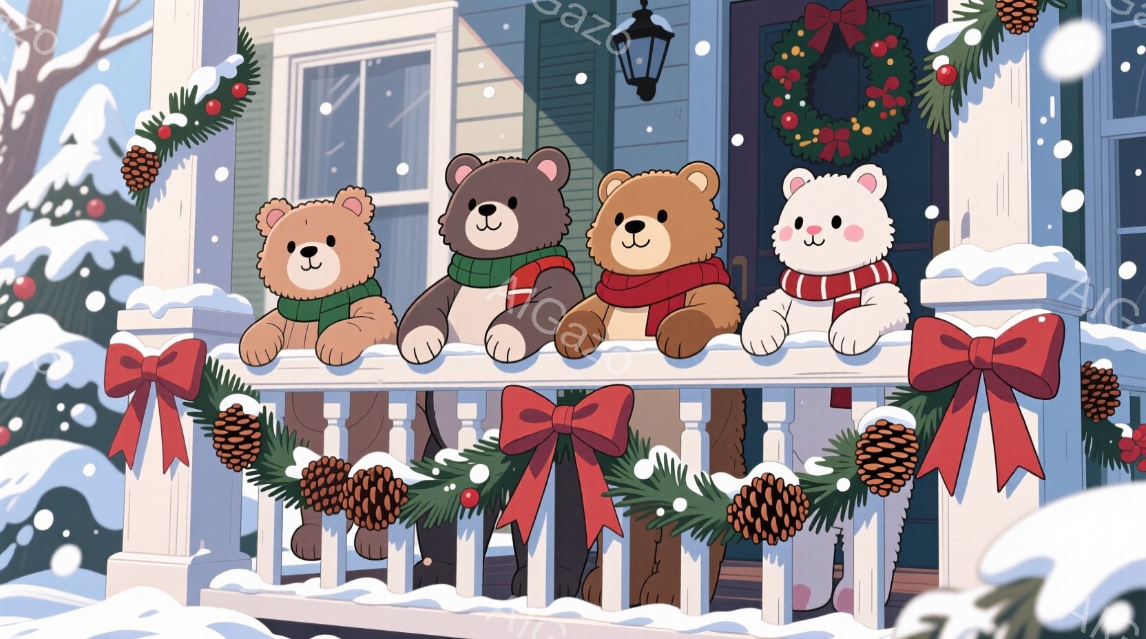 白い背景に、クリスマスデコレーションが施された家のバルコニーに、四匹のテディベアが並んでいます。それぞれ異なる色のマフラーを巻き、可愛らしい表情でこちらを見ています。バルコニーには松ぼっくりやリボンで - AI生成フリー素材