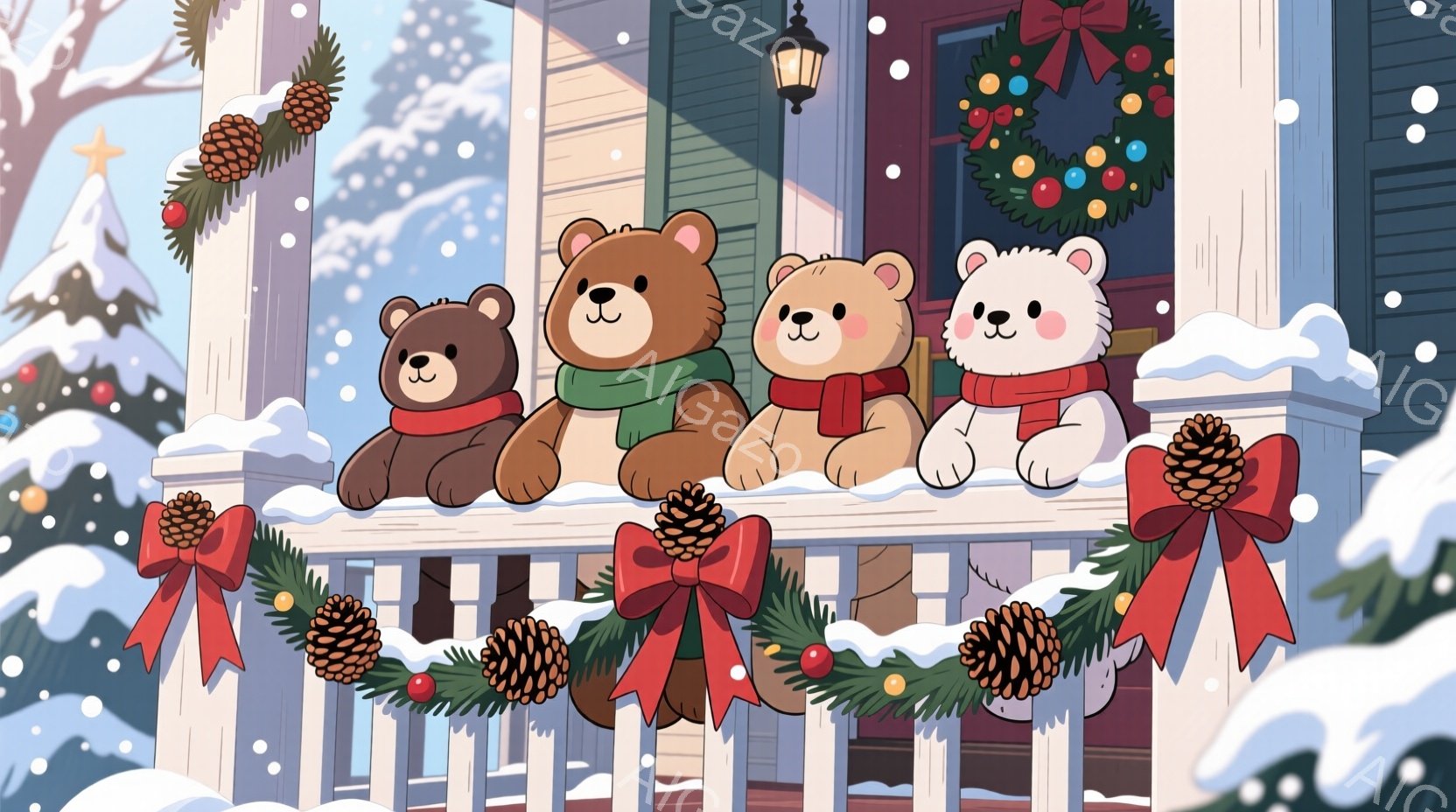 窓辺に並んだ四匹のテディベアが描かれています。それぞれ異なる色のセーターやマフラーを身につけ、可愛らしい表情をしています。背景にはクリスマスツリーや装飾が施された建物があり、雪が舞う冬の暖かい雰囲気が - AI生成フリー素材