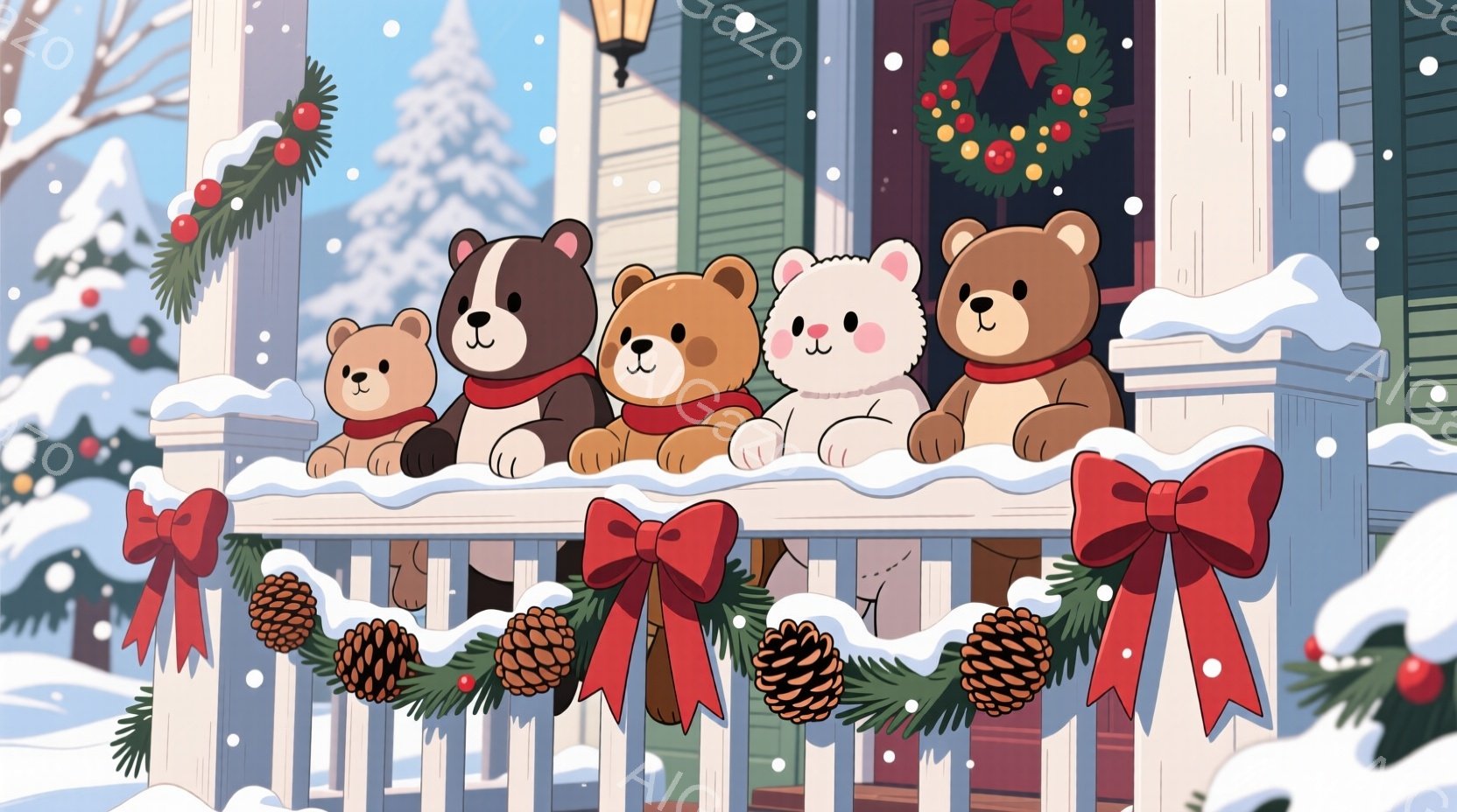 雪が降る冬の日に、可愛らしいクマの家族が家のベランダに並んでいます。クマたちはそれぞれ赤いマフラーを巻いており、笑顔で外を眺めています。背景には、クリスマスリースと飾り付けられた家、雪景色が広がり、温 - AI生成フリー素材