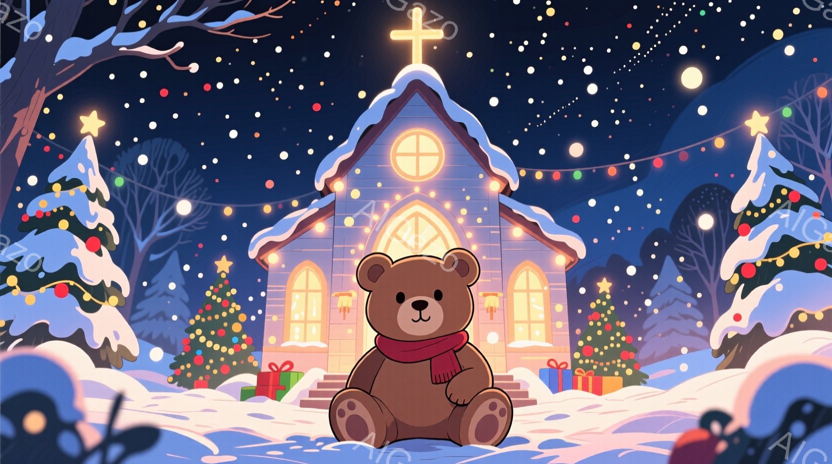 雪が降る夜、可愛らしいクマのぬいぐるみがお祝いの教会前に座っています。クマは赤いマフラーを巻いており、穏やかな表情で少し上を見上げています。背景には、雪で覆われた木々や、プレゼントボックスが置かれた教 - AI生成フリー素材