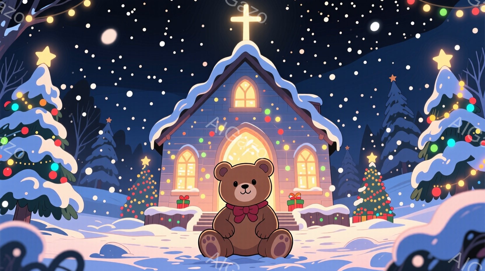 雪が降り積もる夜、可愛らしい茶色のクマのぬいぐるみがお祝いの赤いリボンを首に巻き、雪景色の中に座っています。背景には、温かい光を放つクリスマスの飾り付けがされた教会があり、雪に覆われた木々が両側に並ん - AI生成フリー素材