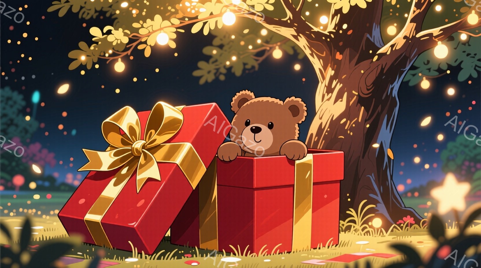 大きな赤いギフトボックスから茶色のテディベアが顔を出しています。背景には緑の草と花が咲き乱れ、木々から光の粒子が舞い散り、ファンタジーのような夜の雰囲気を醸し出しています。全体的に、贈り物と温かい気持 - AI生成フリー素材
