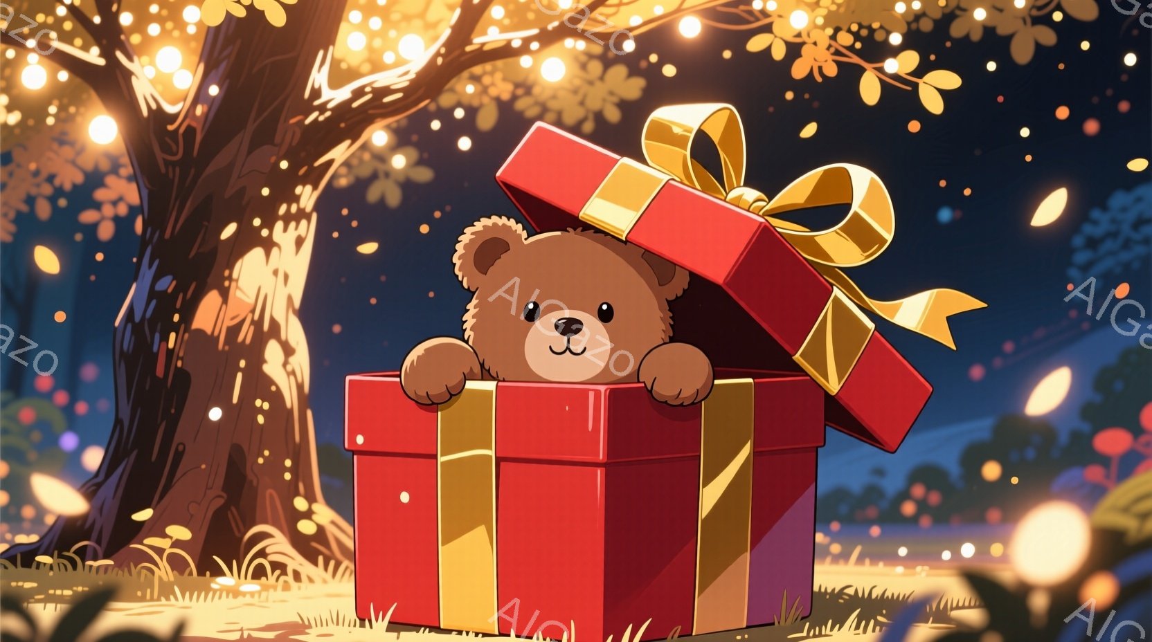 茶色のテディベアが赤いギフトボックスの中から顔を出しています。背景には緑の草が生い茂り、木々がぼんやりと見え、周りには光の粒子が舞い散っています。全体的に暖かく、お祝いの雰囲気で、ファンタジーのような - AI生成フリー素材