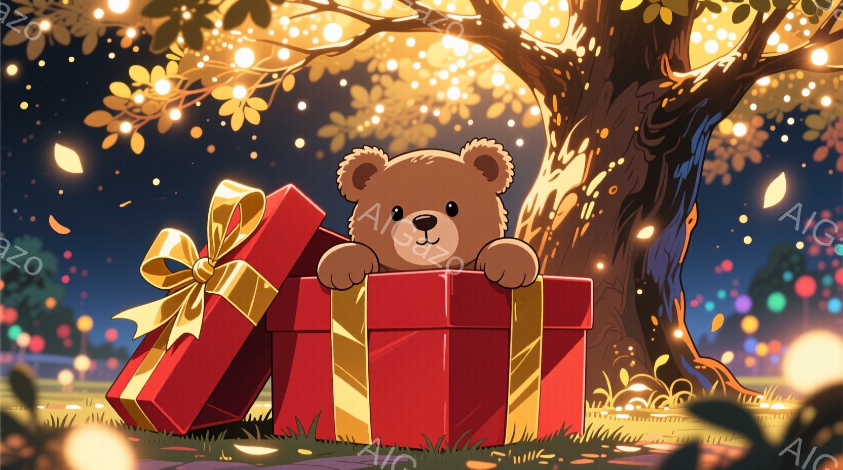 赤い大きなプレゼントボックスから茶色のテディベアが顔を出しています。背景には、光り輝く丸い光が舞い、大きな木の幹が見え、夜の穏やかな雰囲気が漂っています。プレゼントボックスには金色のリボンが結ばれてお - AI生成フリー素材