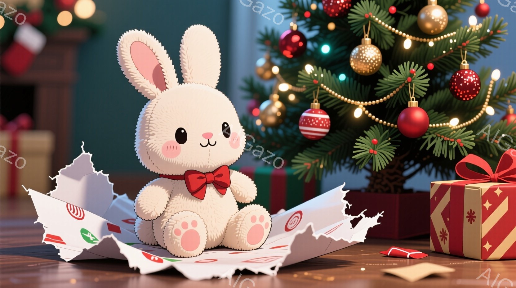 白いふわふわのウサギのぬいぐるみが、赤いリボンをつけて床に座っています。ウサギの周りには、開けられた包装紙が散らばっており、右側には赤いリボンで飾られたプレゼントボックスがあります。背景にはクリスマス - AI生成フリー素材
