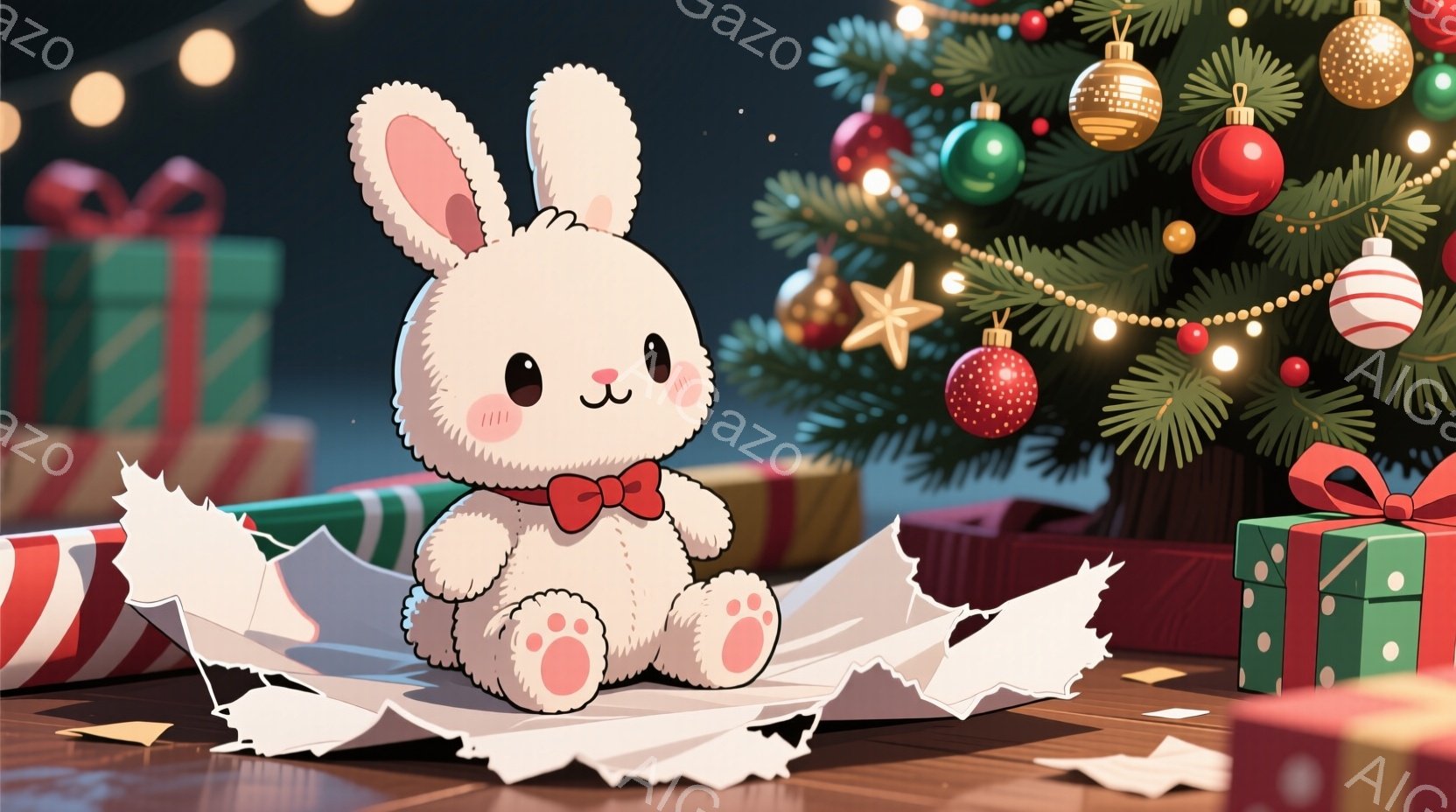 白いふわふわのウサギのぬいぐるみは、赤いリボンをつけて床に座っています。ウサギは破れた包装紙の上に座り、丸いピンクの頬と穏やかな表情をしています。背景には、プレゼントボックスと装飾が施されたクリスマス - AI生成フリー素材