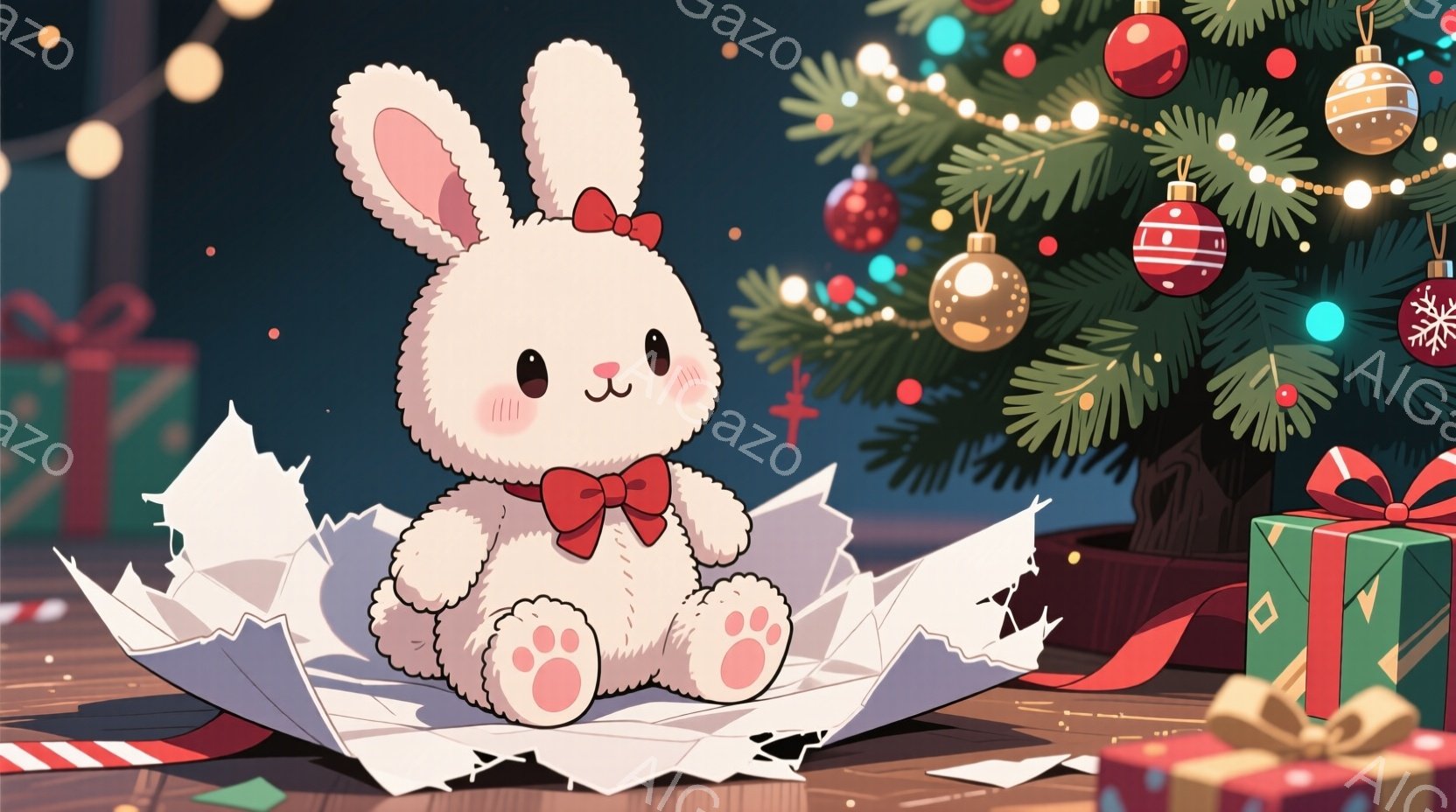 白いふわふわのウサギのぬいぐるみは、開けられたプレゼントの包装紙の中に座っています。赤いリボンを首に結び、丸くて可愛らしい目とピンクの頬を持っています。背景には、飾り付けられたクリスマスツリーとプレゼ - AI生成フリー素材