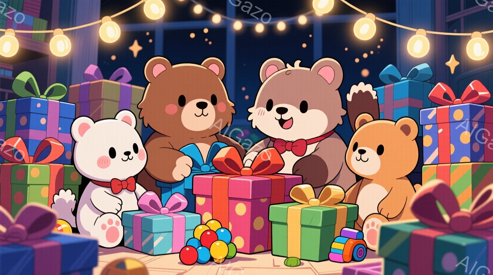 複数のクマのキャラクターが、カラフルなプレゼントに囲まれて描かれています。クマたちはそれぞれ赤いリボンをつけており、嬉しそうな表情を浮かべています。背景には、キラキラと光る電球や、おもちゃが散らばっており、お祝いの雰囲気が漂います。