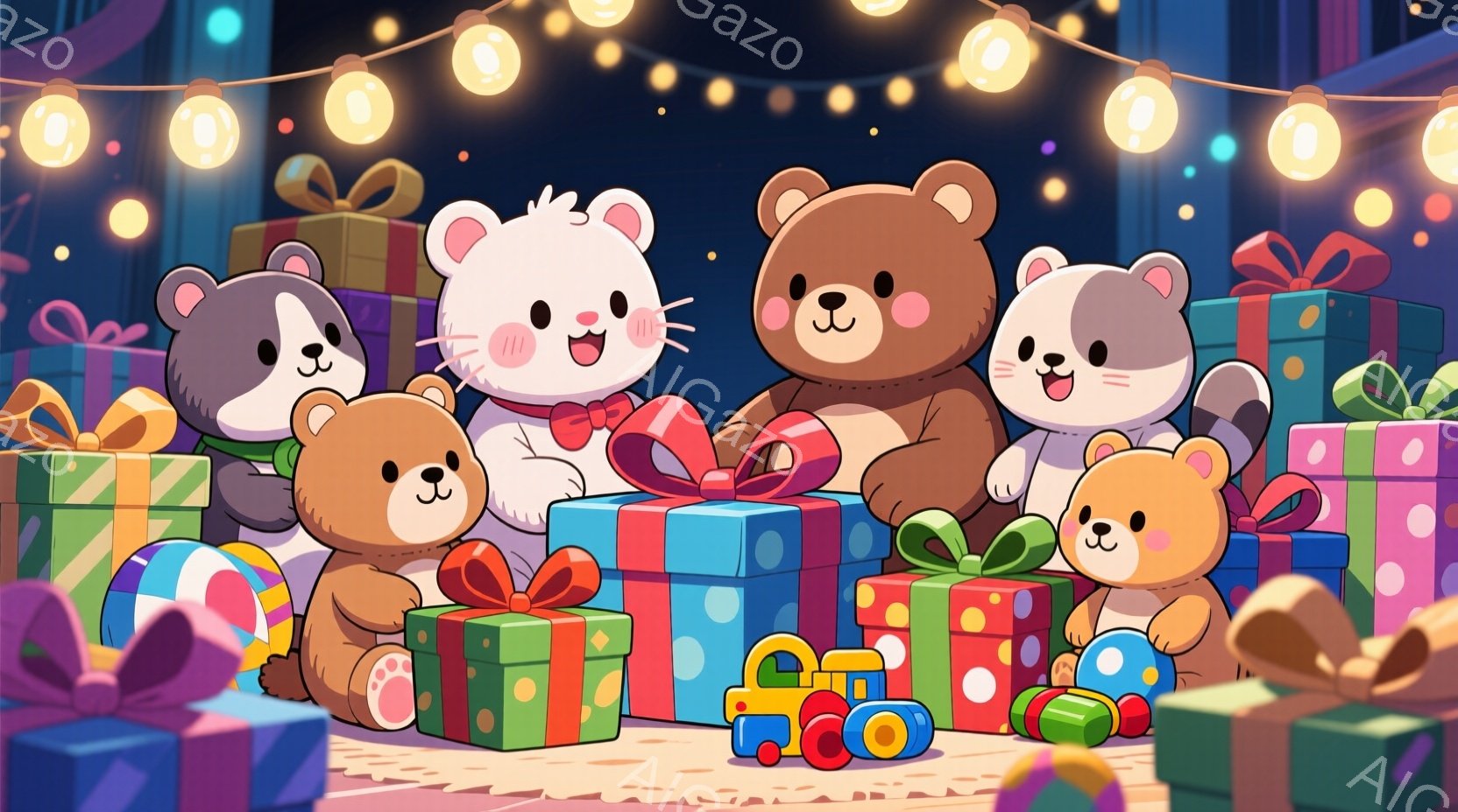 複数の可愛らしいクマのぬいぐるみが、カラフルなプレゼントの山に囲まれて楽しそうにしています。それぞれ異なる表情とポーズで、プレゼントに囲まれたり、おもちゃを手に持ったりしています。背景には、輝く電球が飾られ、お祝いムードを盛り上げており、全体的に明るく、遊び心に満ちた雰囲気が漂っています。