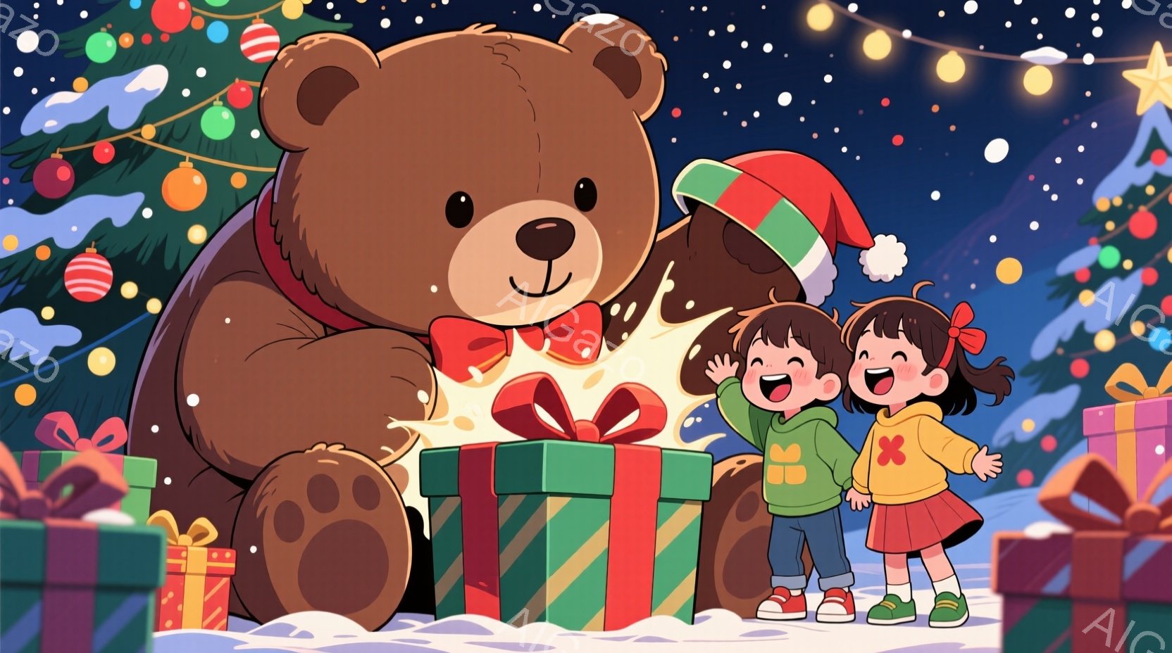 少女は赤いサンタ帽をかぶり、緑のセーターとピンクのスカートを着ています。彼女は両手を上げて喜び、大きなクマのぬいぐるみと緑色のプレゼントボックスに囲まれて楽しんでいます。背景にはクリスマスツリーやプレ - AI生成フリー素材