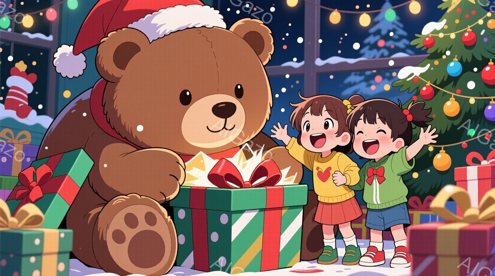 赤いサンタ帽をかぶった大きなテディベアと、緑のセーターを着た少女が描かれています。少女は両手を上げて喜び、大きなプレゼントの箱を開けています。背景にはクリスマスツリーや他のプレゼントの箱があり、雪が舞 - AI生成フリー素材