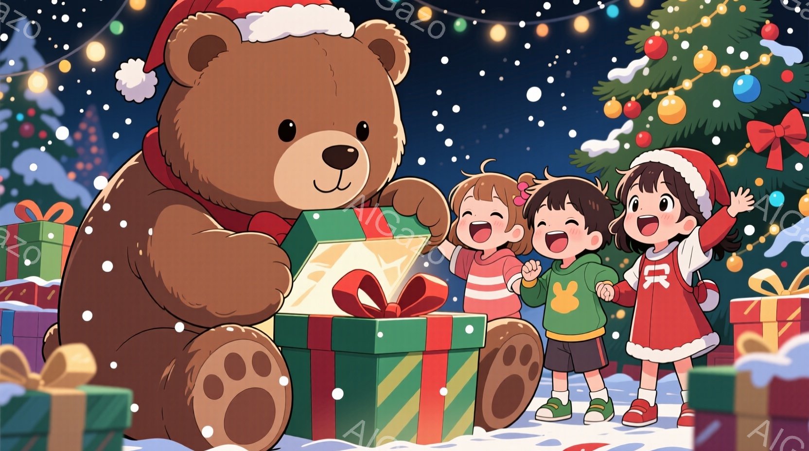 巨大なテディベアがプレゼントの箱を開け、中にいる子どもたちは喜んで手を挙げ、興奮した表情をしています。子どもたちは、赤いセーターとスカート、または緑のセーターとズボンというクリスマスの衣装を着ており、 - AI生成フリー素材