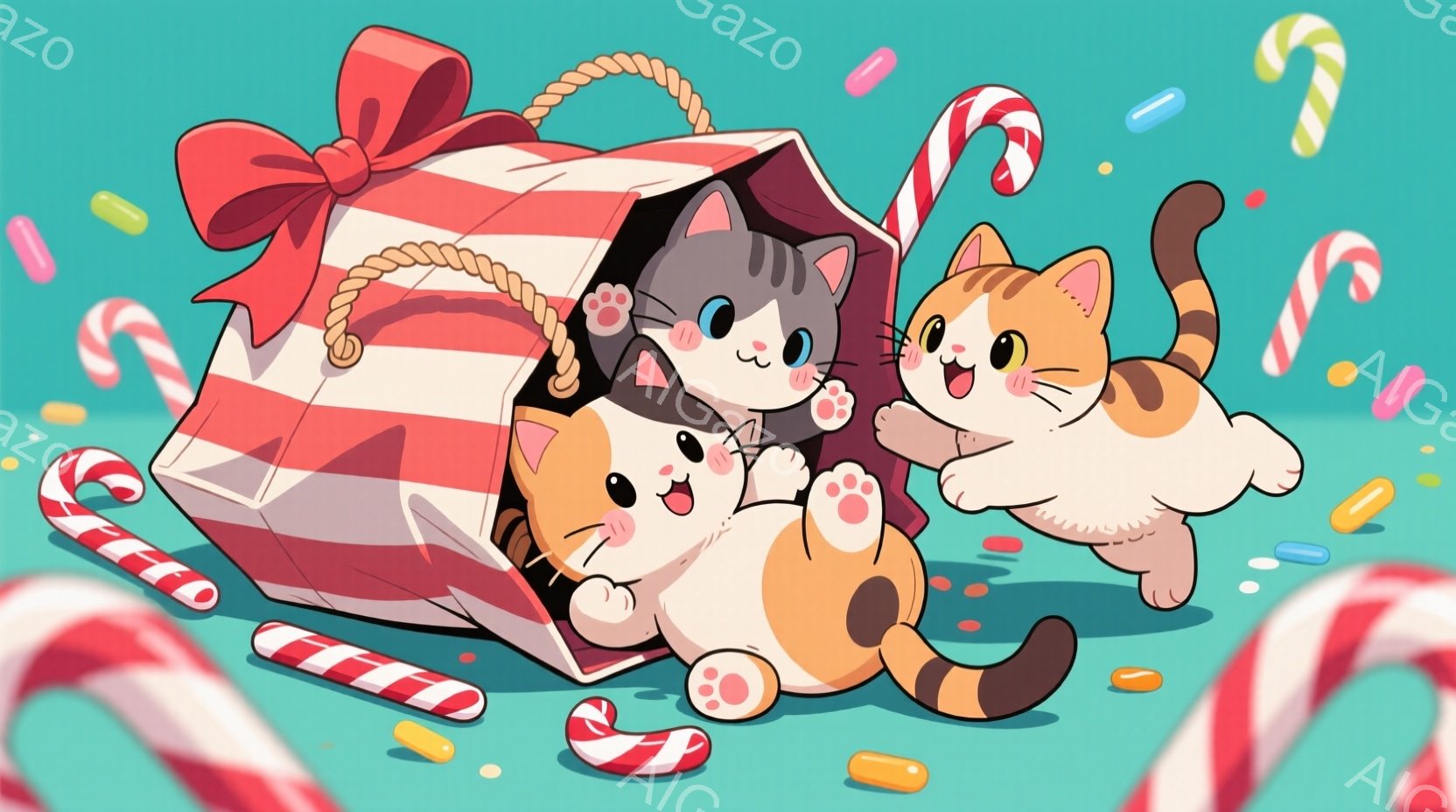 3匹の猫が、赤いストライプと白い背景の大きなギフトボックスから飛び出しています。猫たちは皆、嬉しそうな表情で、前足を出して遊び心いっぱいのポーズをとっています。背景には、キャンディケーンやカラフルな粒々が散りばめられており、お祝いムードを盛り上げています。