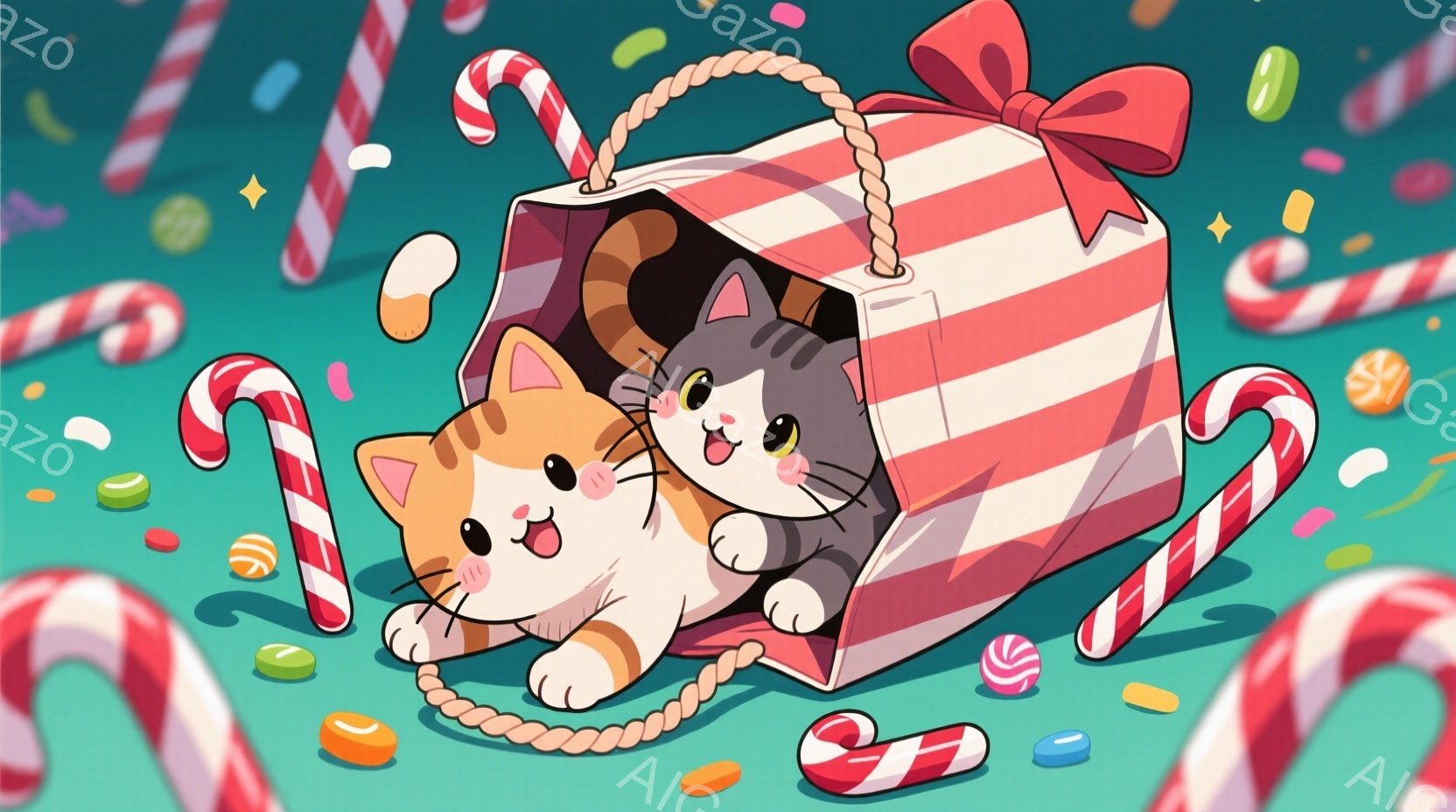 白地に赤色のストライプ模様のギフトバッグの中に、オレンジ色のトラ猫と灰色の猫が顔を覗かせています。両猫とも口を開け、嬉しそうな表情をしており、ギフトバッグの持ち手についた赤いリボンと、周囲に散らばるキャンディケーンやカラフルなキャンディが可愛らしい雰囲気を演出しています。背景は明るい水色で、全体的にポップで楽しいクリスマスや誕生日を祝うイメージです。