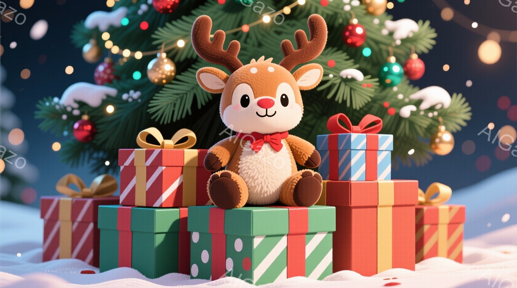 ふわふわの茶色のトナカイのぬいぐるみは、色とりどりのリボンで飾られたプレゼントの山の上に座っています。トナカイは赤い蝶ネクタイをつけ、愛らしい表情で、まるでクリスマスプレゼントを見守っているかのようで - AI生成フリー素材