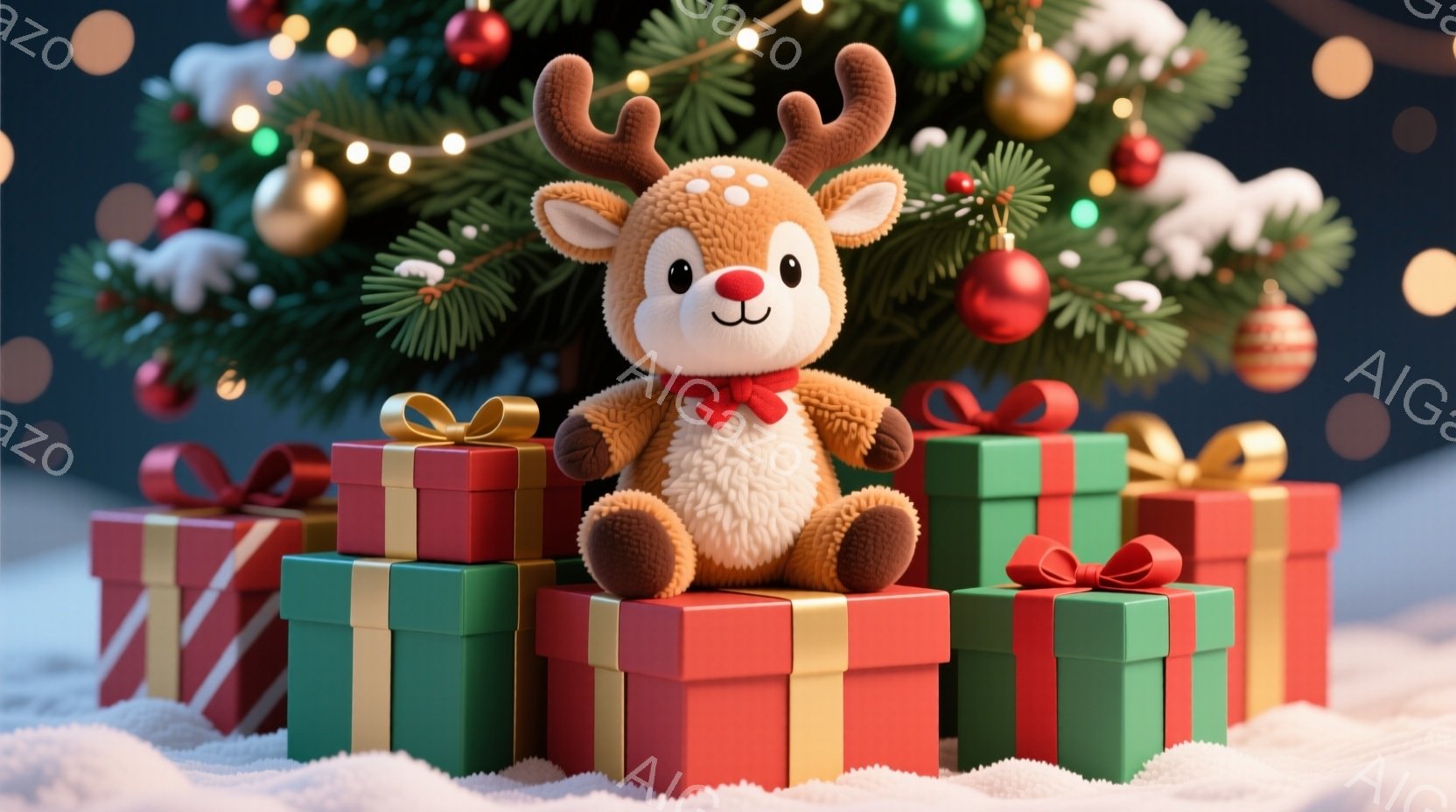 ふわふわしたトナカイのぬいぐるみが、クリスマスプレゼントの山の上に座っています。トナカイは赤いリボンを首に巻いており、愛らしい表情をしています。背景には、飾り付けられたクリスマスツリーと雪景色が広がっ - AI生成フリー素材