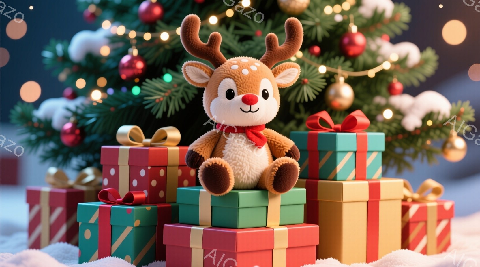 ぬいぐるみのような茶色のトナカイが、赤、緑、黄色のプレゼントの山の上に座っています。背景には、飾り付けられたクリスマスツリーとぼやけた光があり、雪が降っている様子が伺えます。全体的に温かく、お祝いの雰 - AI生成フリー素材