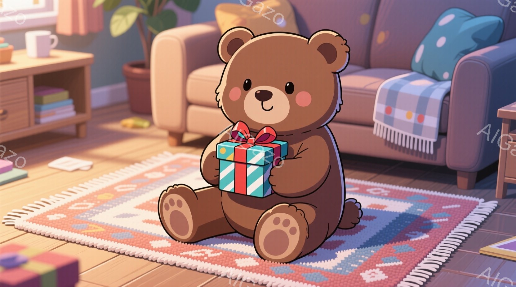 クリスマスの帽子をかぶった3匹のペンギンが、スノーフレーク模様のギフトボックスの中に座っています。ペンギンたちは皆笑顔で、可愛らしい表情をしています。背景は雪景色で、全体的に暖かく、お祝いムードに包ま - AI生成フリー素材