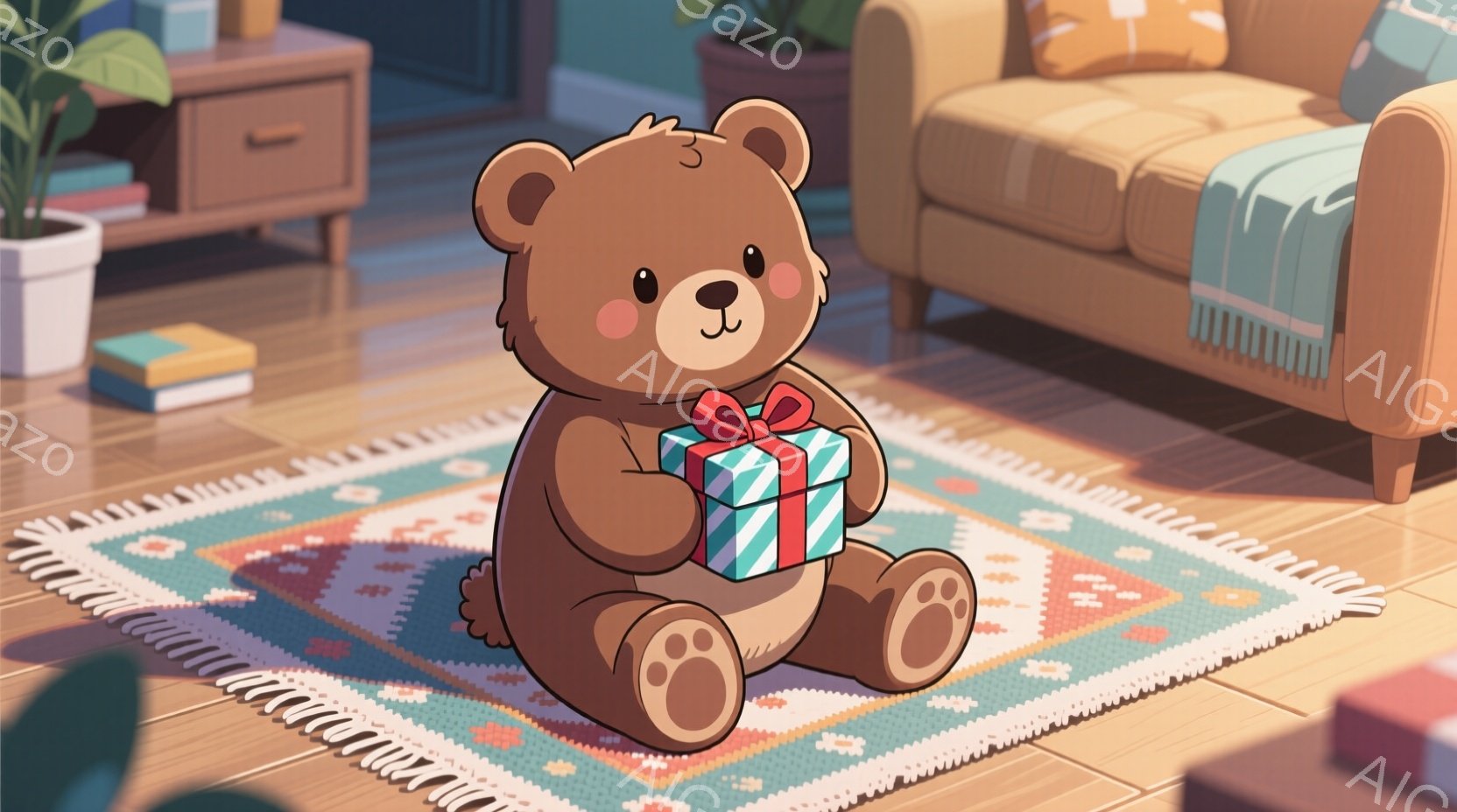 暖炉のあるリビングルームの中央に、茶色のテディベアが座って、赤いリボンで結ばれた緑色のギフトボックスを抱えています。床は木製で、テディベアの下にはカラフルな模様のラグが敷かれています。背景にはソファや - AI生成フリー素材
