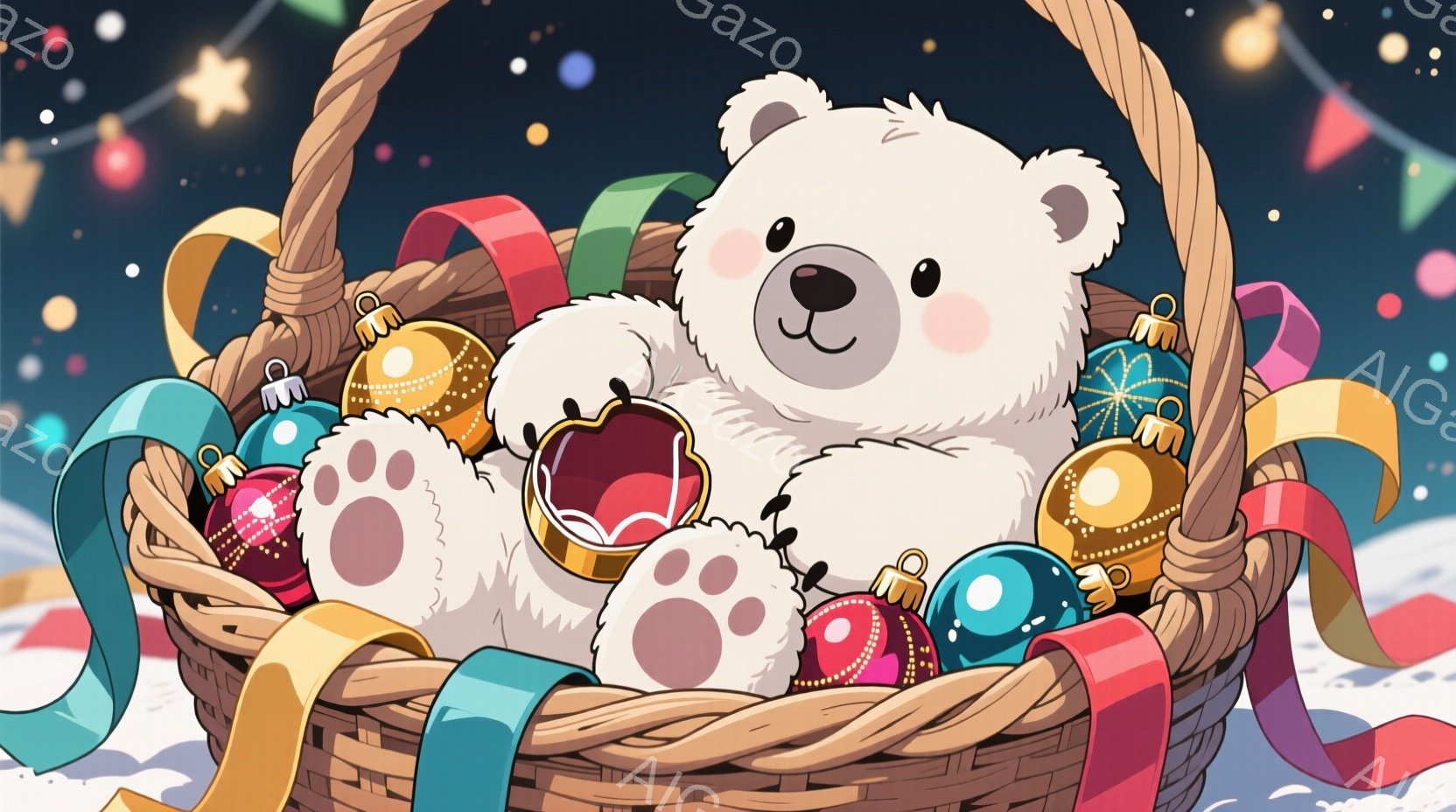 白い熊のぬいぐるみは、編み込みのバスケットの中に座っており、様々な色のクリスマスオーナメントに囲まれています。 ぬいぐるみは頬を赤らめ、穏やかな笑顔を見せており、可愛らしい印象を与えます。背景には雪が舞い、カラフルな電飾が輝き、温かくお祝いムードに満ちた雰囲気です。