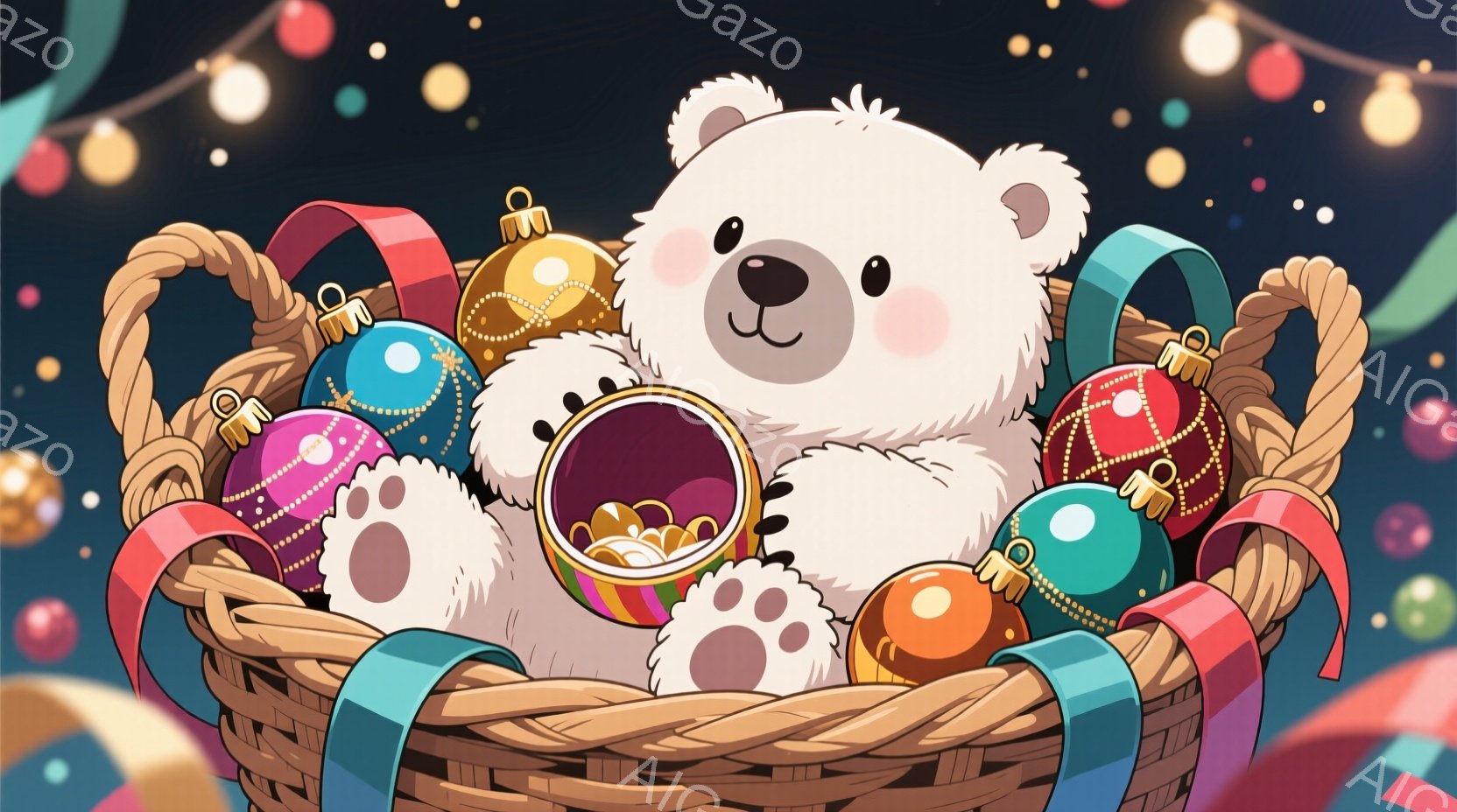 白いテディベアが編みかごの中に座っており、周りは色とりどりのクリスマスオーナメントで埋め尽くされています。テディベアはピンク色の足の裏を見せ、幸せそうに微笑んでいます。背景にはキラキラと輝く星のような光が散りばめられ、全体的に暖かく、お祝いムードに満ちた雰囲気です。
