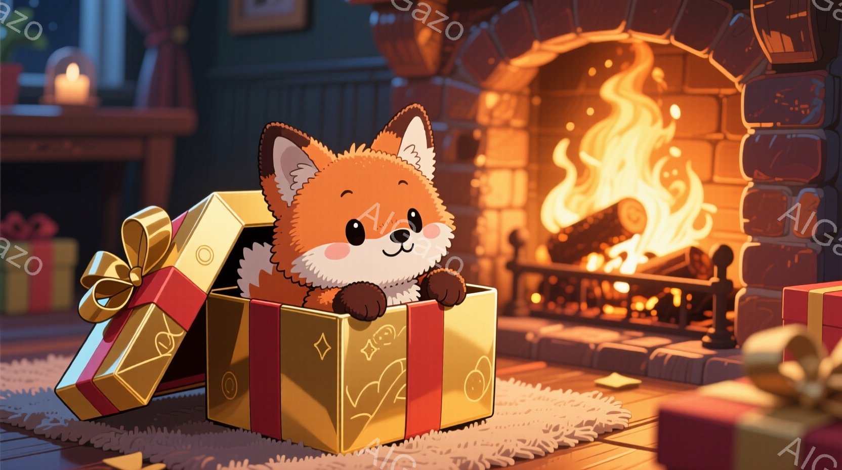 温かい暖炉の前で、プレゼントボックスから顔を出している子ギツネが描かれています。子ギツネは明るい笑顔で、好奇心と喜びにあふれた表情をしています。背景には他のプレゼントボックスが置かれ、暖炉の火が暖かく心地よい雰囲気を醸し出しています。