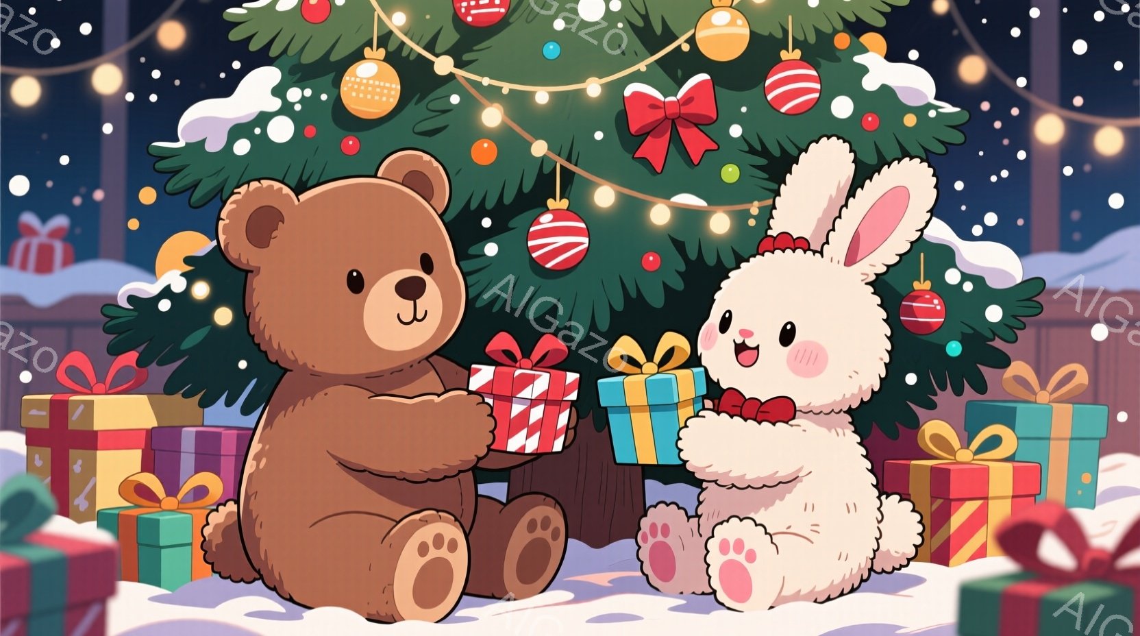 ぬいぐるみのようなクマとウサギが、クリスマスツリーの前に座り、プレゼントを交換し合っています。クマは茶色で、ウサギは白く、どちらもかわいらしい表情をしています。背景には、雪が降り積もり、プレゼントがた - AI生成フリー素材