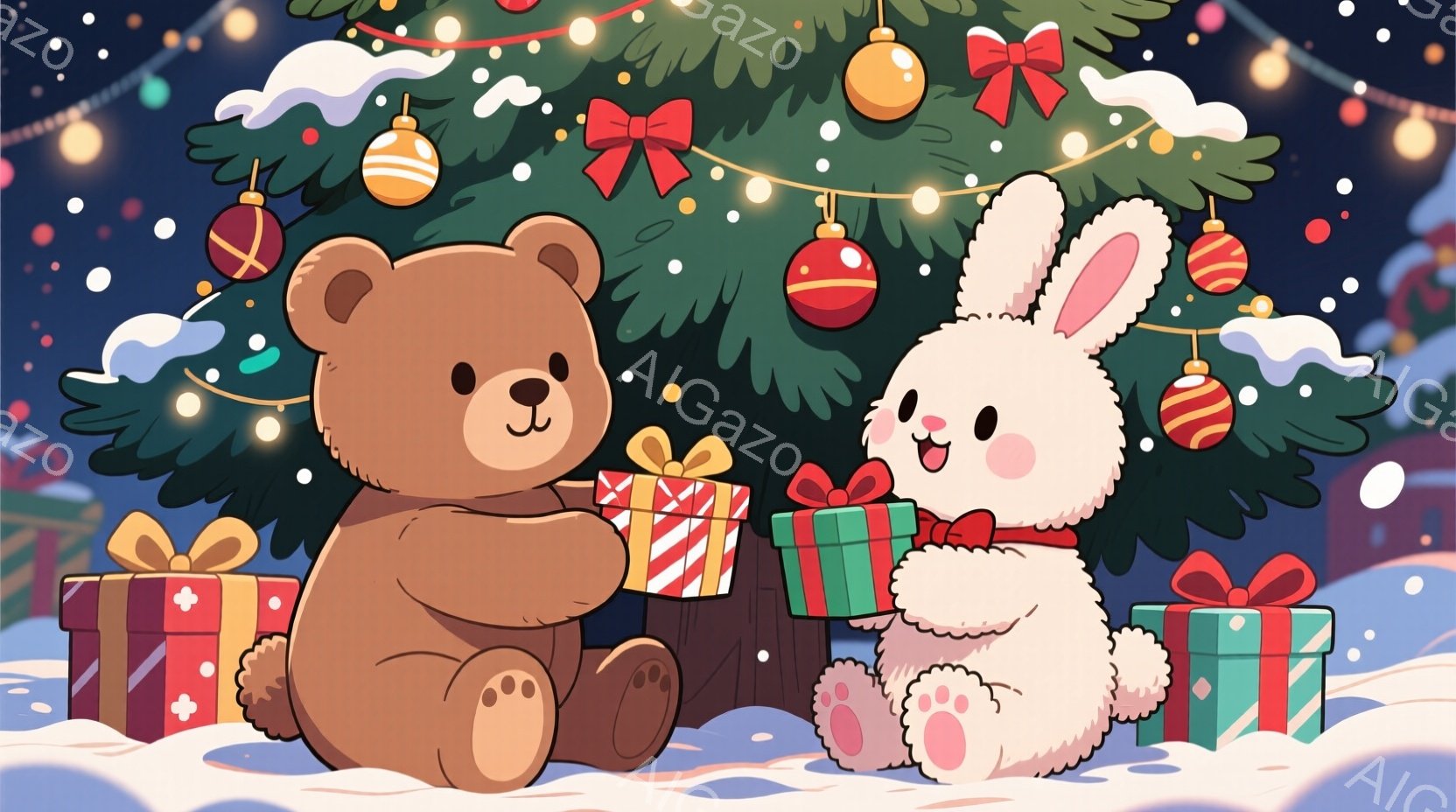 ぬいぐるみのようなクマとウサギがクリスマスのツリーの下に座り、それぞれプレゼントの箱を持っています。クマは茶色で穏やかな表情をしており、ウサギは白く、赤いリボンをつけて笑顔を浮かべています。背景には雪 - AI生成フリー素材
