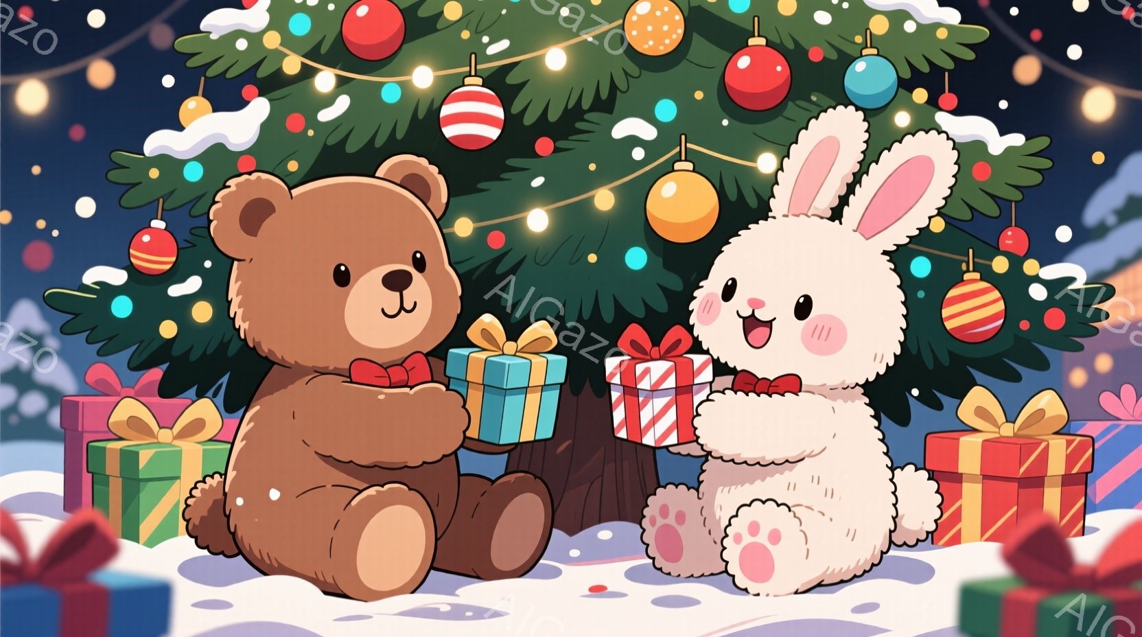 ぬいぐるみであるクマとウサギがクリスマスツリーの前でプレゼントを交換しています。クマは水色のリボンを付け、ウサギは赤いリボンを付けていて、どちらも笑顔で幸せそうな表情をしています。背景には雪が降り積も - AI生成フリー素材