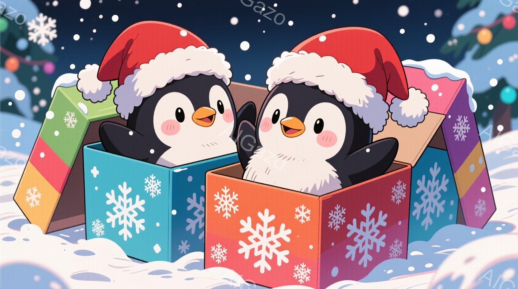 それぞれ色とりどりのプレゼントボックスに入った二羽のペンギンが描かれています。ペンギンたちは赤いサンタの帽子をかぶり、幸せそうに微笑んでいます。背景は雪が舞う白い空間で、雪片が散りばめられ、クリスマス - AI生成フリー素材
