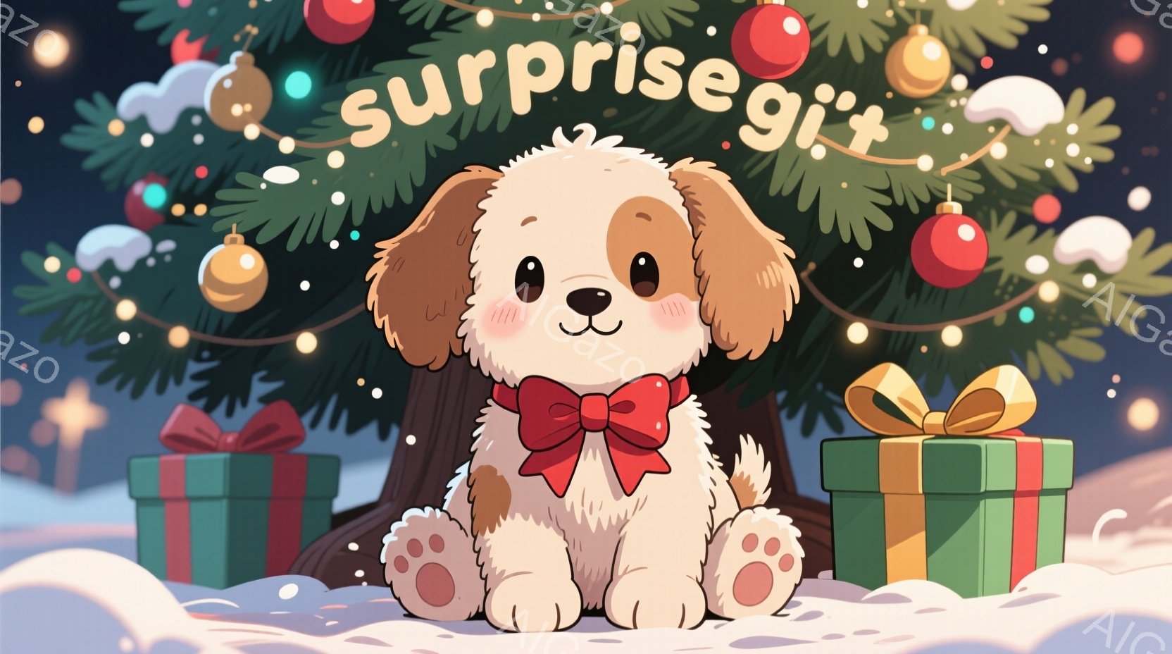 クリスマスツリーの前に座っている、ふわふわのクリーム色の犬の子を描いています。赤い大きなリボンをつけており、嬉しそうな表情で、周りには緑色の包装紙で包まれたプレゼントの箱がいくつか置かれています。背景 - AI生成フリー素材