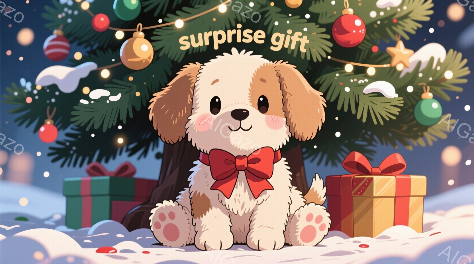 ふわふわの茶色と白の犬が、赤い大きなリボンをつけて座っています。背景にはクリスマスツリーとプレゼントボックスが置かれ、雪が舞う冬の景色が広がっています。全体的に暖かく、可愛らしい雰囲気で、クリスマスの - AI生成フリー素材