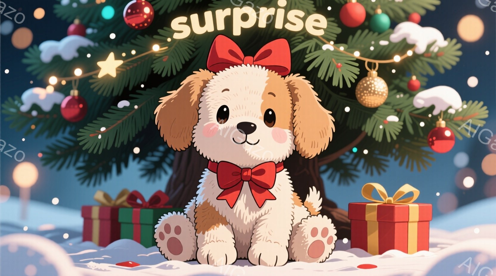 可愛らしい子犬が雪の上に座っており、赤いリボンをつけています。背景にはクリスマスツリーとプレゼントの箱が置かれ、雪が舞い散る冬の景色が広がっています。全体的に暖かく、お祝いムードにあふれた雰囲気です。 - AI生成フリー素材